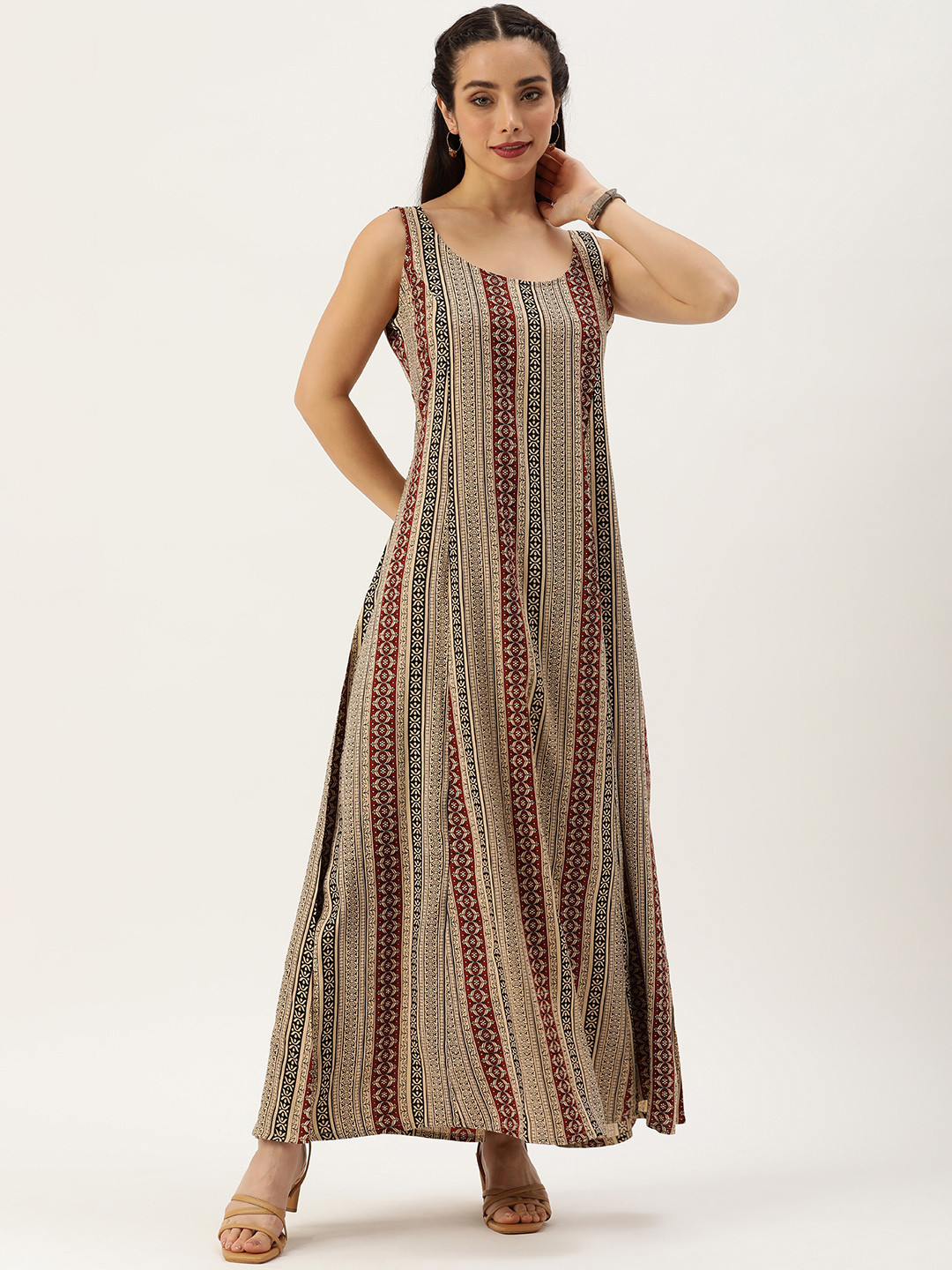 

AMUKTI Ethnic Print A-Line Maxi Dress, Beige