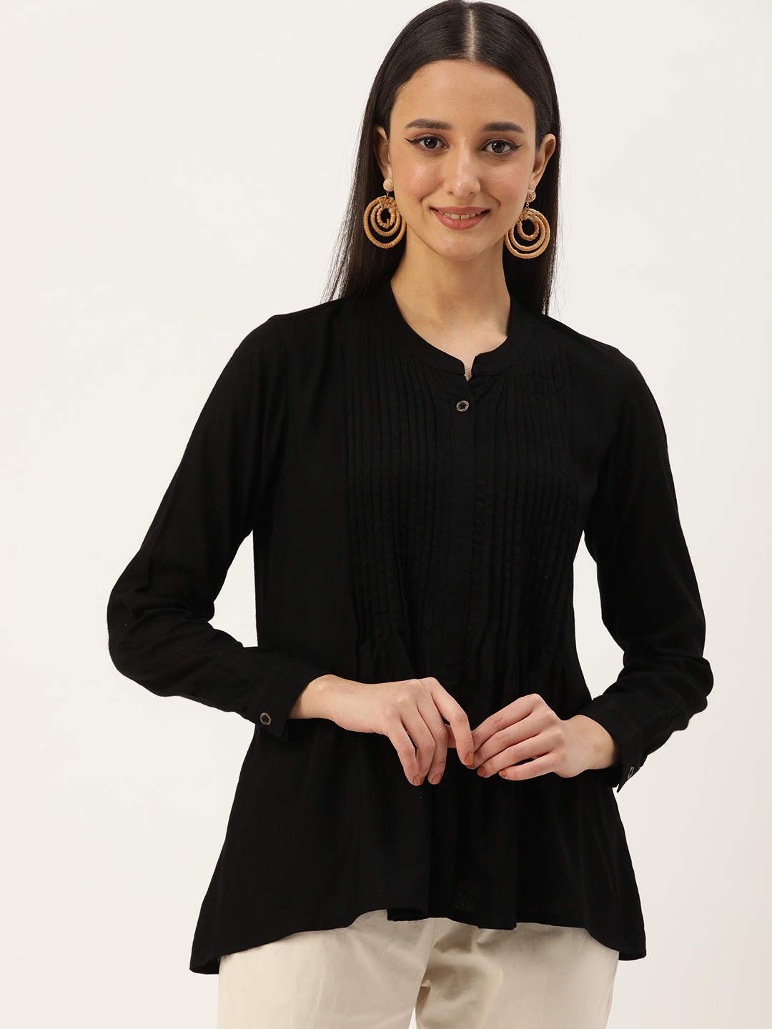 

AMUKTI Viscose Rayon Mandarin Collar Tunic, Black