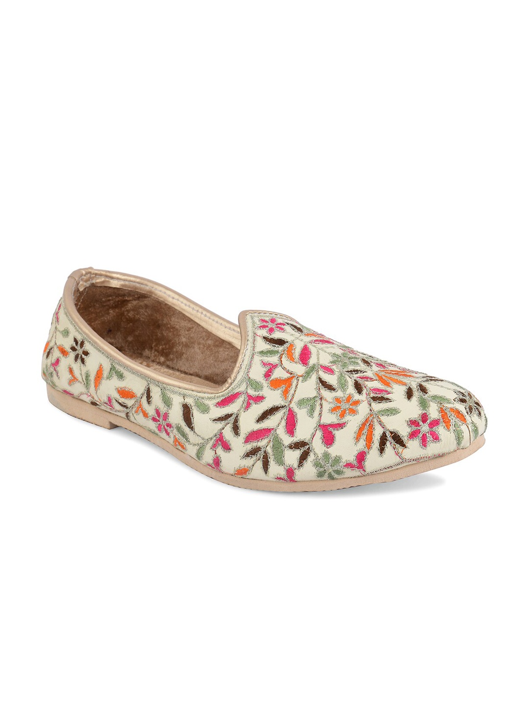 

DESI COLOUR Men Floral Printed Mojaris, Cream