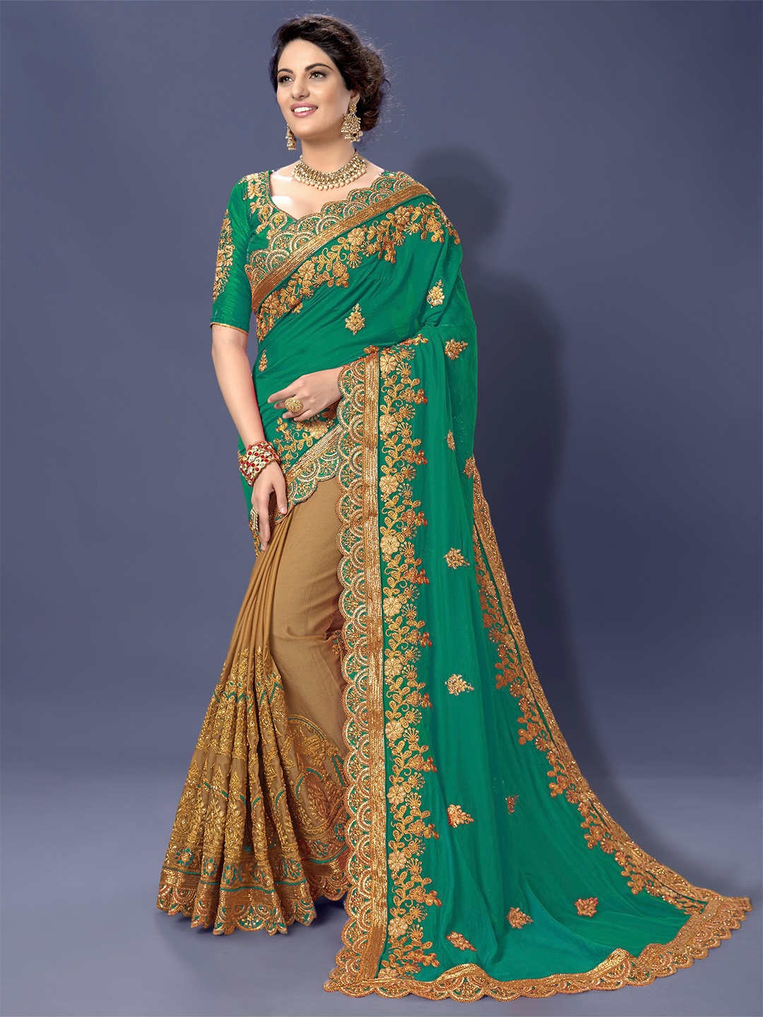 

Trendmalls Floral Embroidered Saree, Green