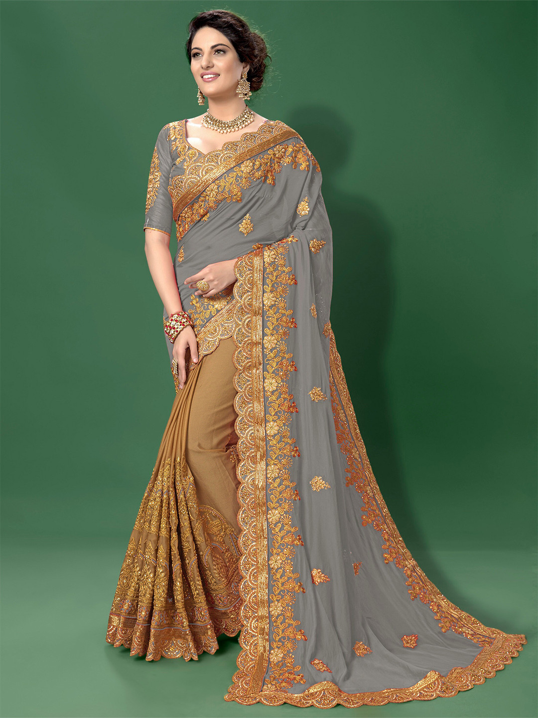 

Trendmalls Floral Embroidered Beads and Stones Saree, Grey