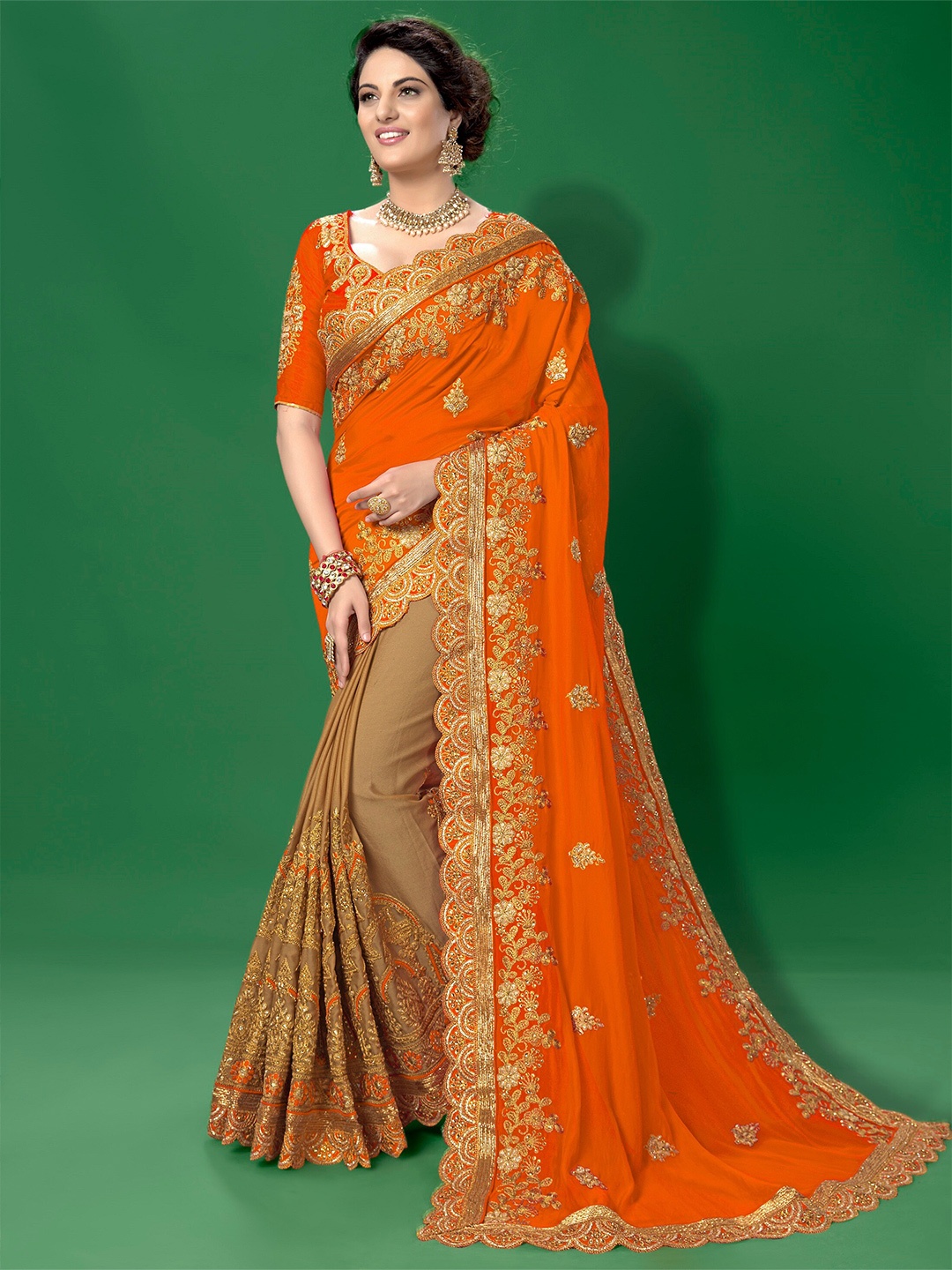 

Trendmalls Floral Embroidered Beads and Stones Saree, Orange