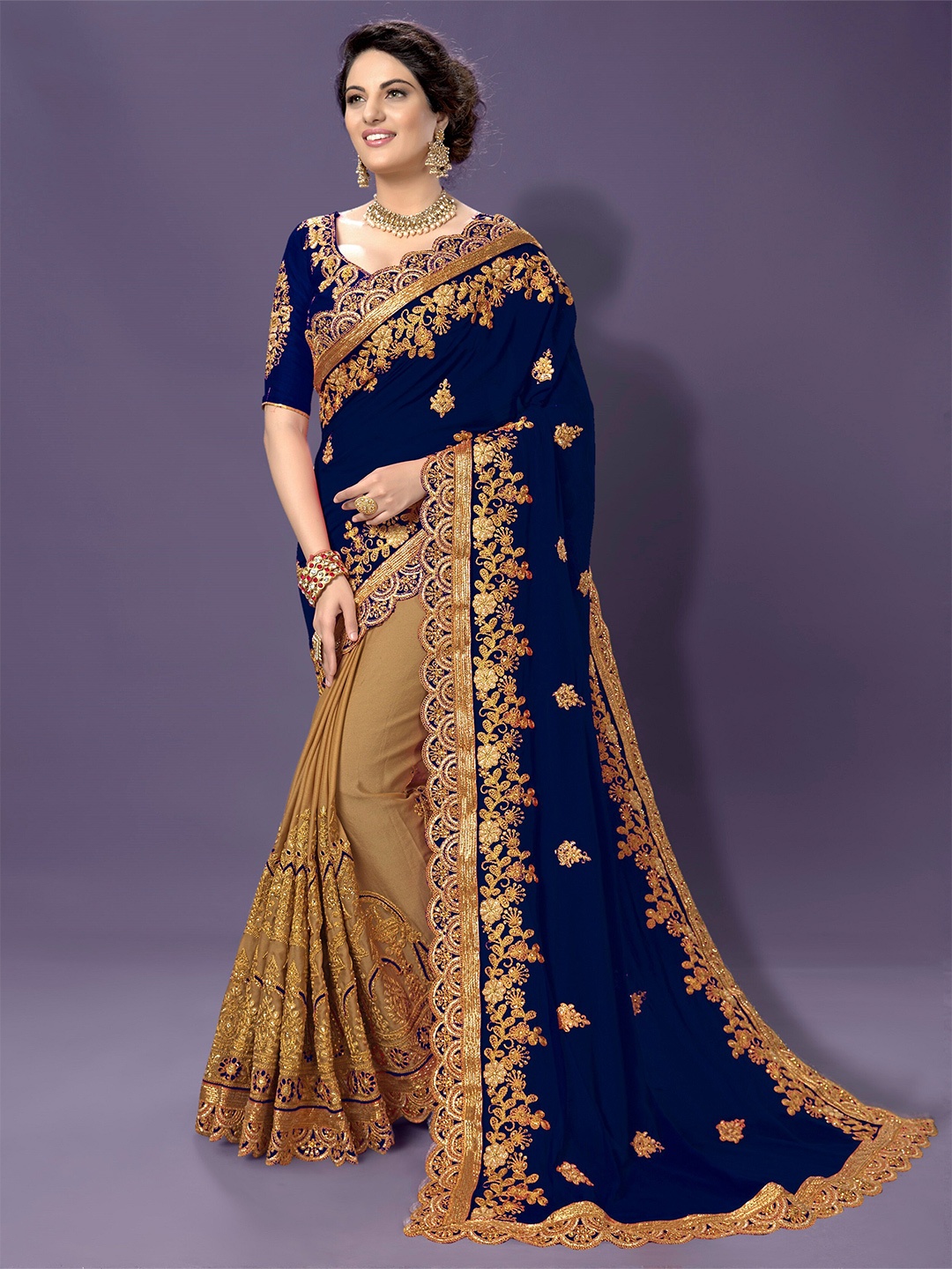 

Trendmalls Floral Embroidered Beads and Stones Emblished Heavy Work Saree, Blue