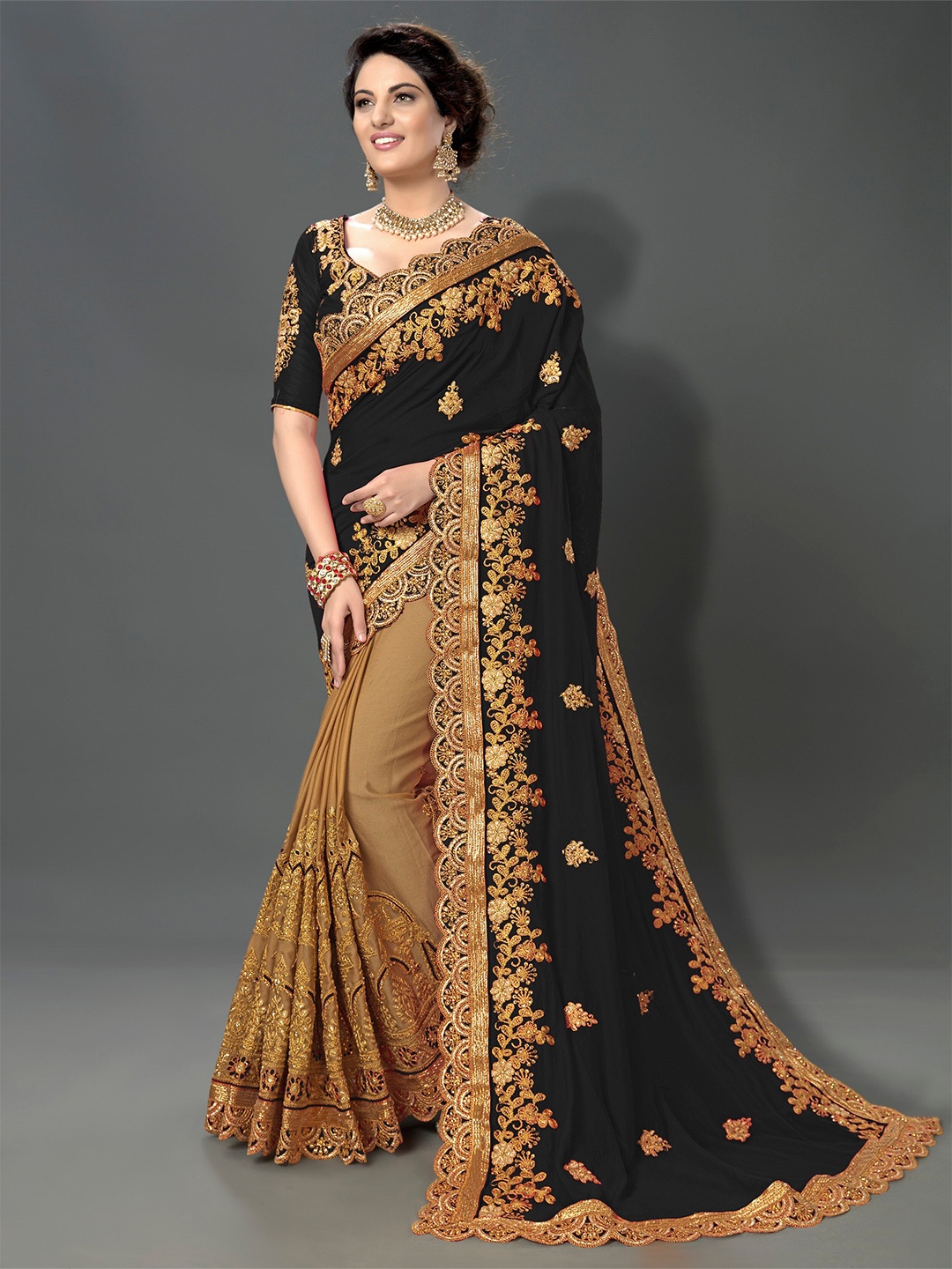 

Trendmalls Floral Beads and Stones Embroidered Saree, Black