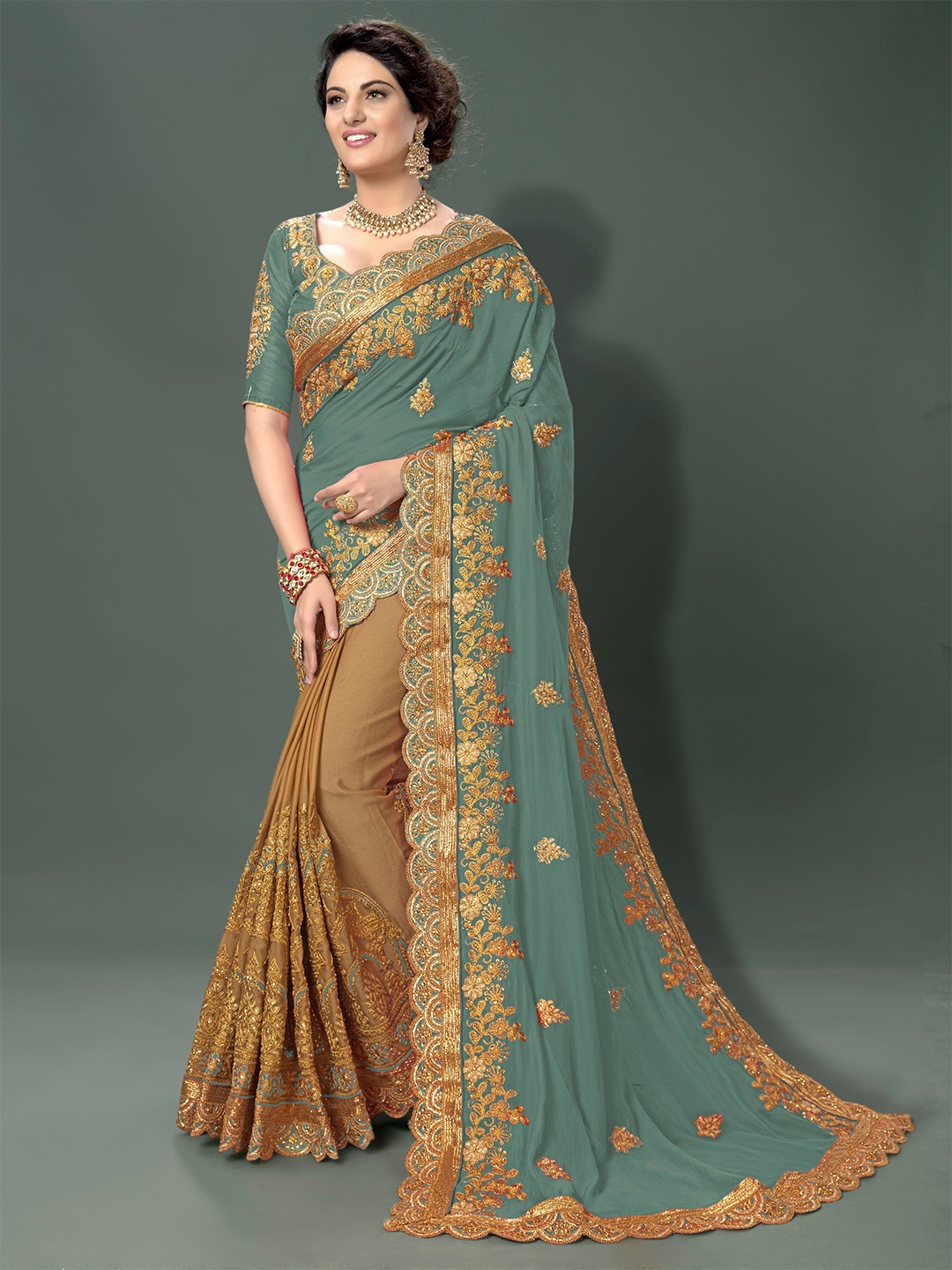 

Trendmalls Floral Embroidered Beads and Stones Saree, Green