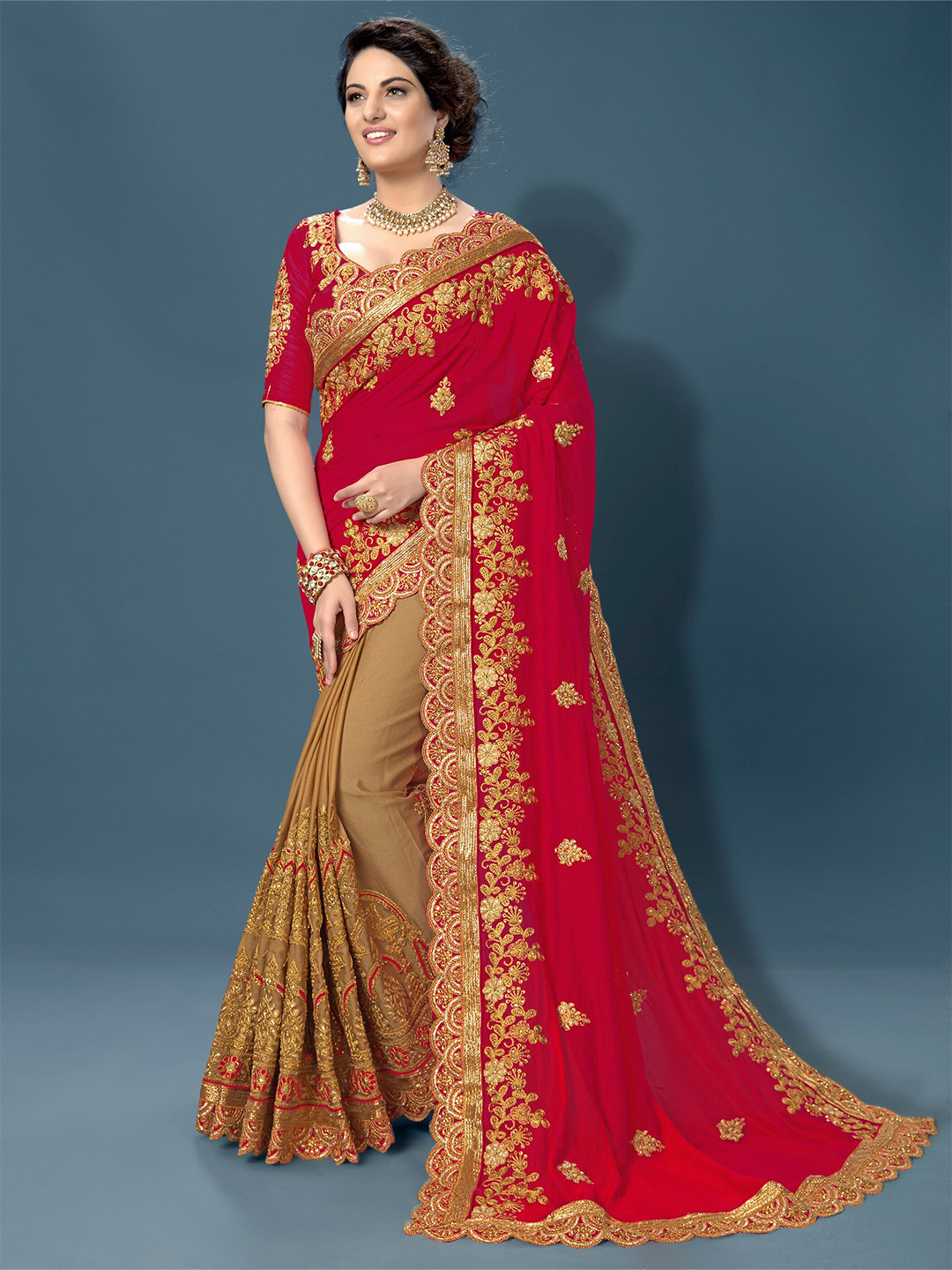 

Trendmalls Floral Embroidered Beads and Stones Emblished Heavy Work Saree, Pink