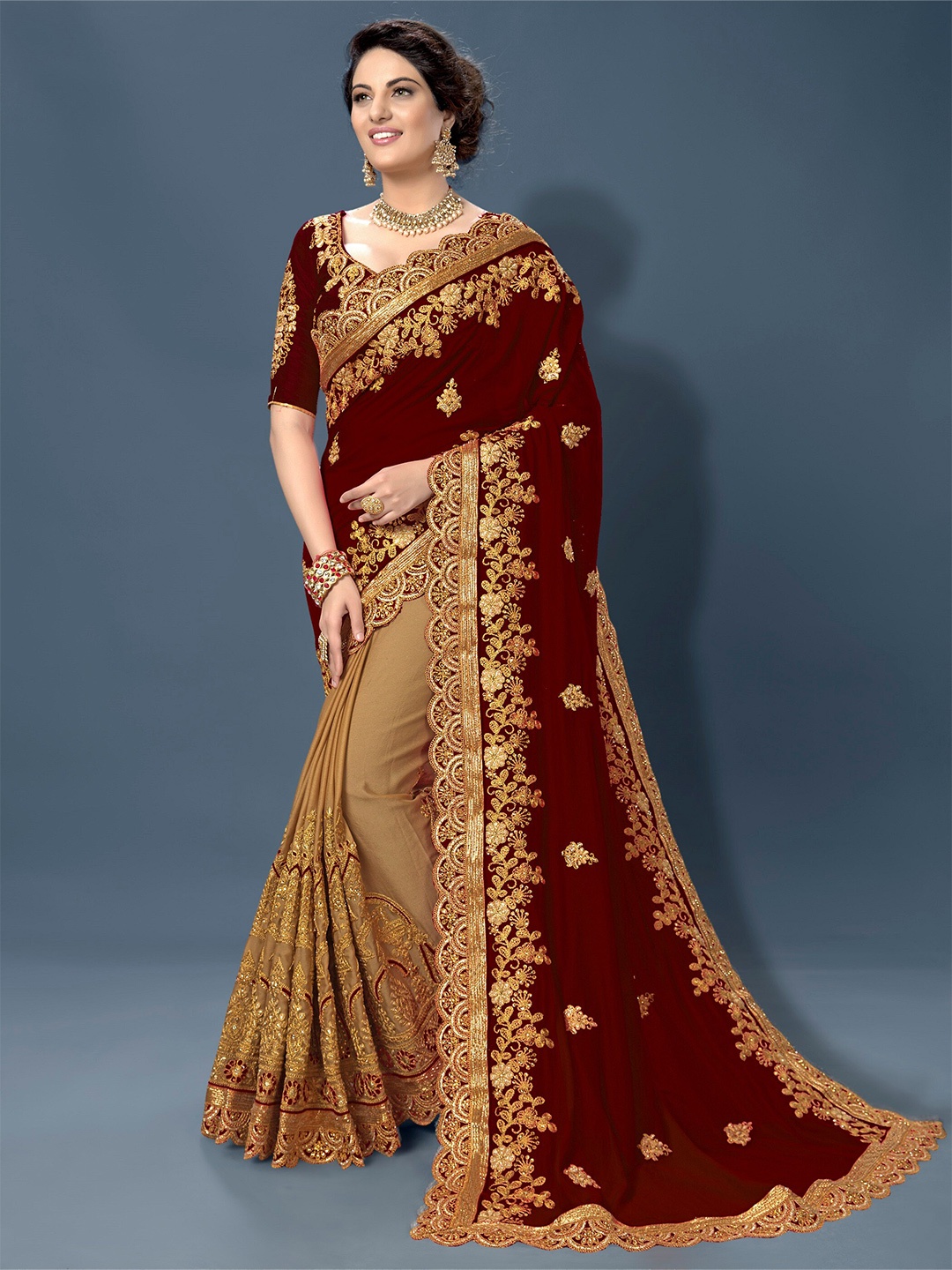 

Trendmalls Floral Embroidered Beads and Stones Emblished Heavy Work Saree, Brown