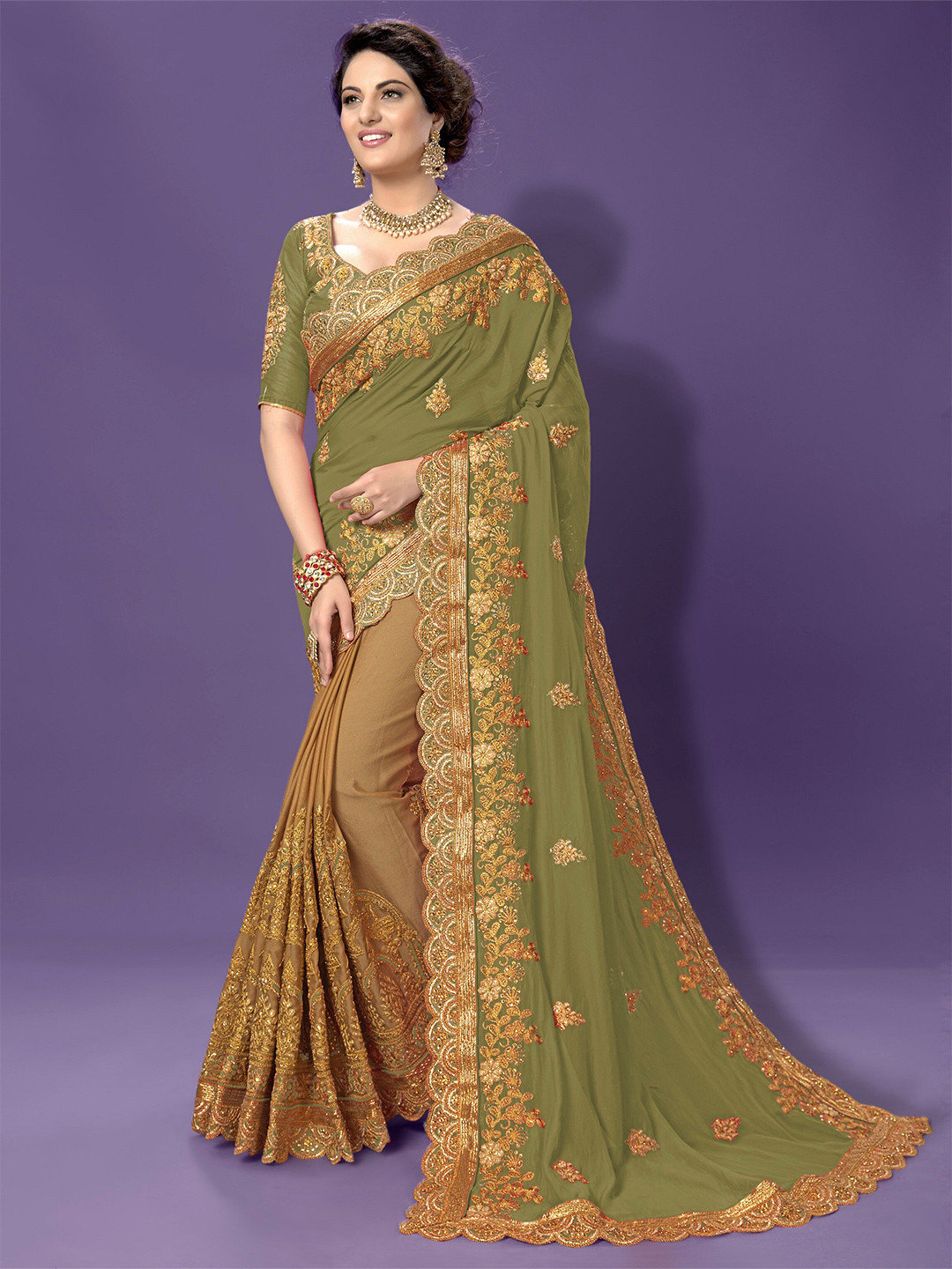 

Trendmalls Floral Embroidered Beads and Stones Saree, Green