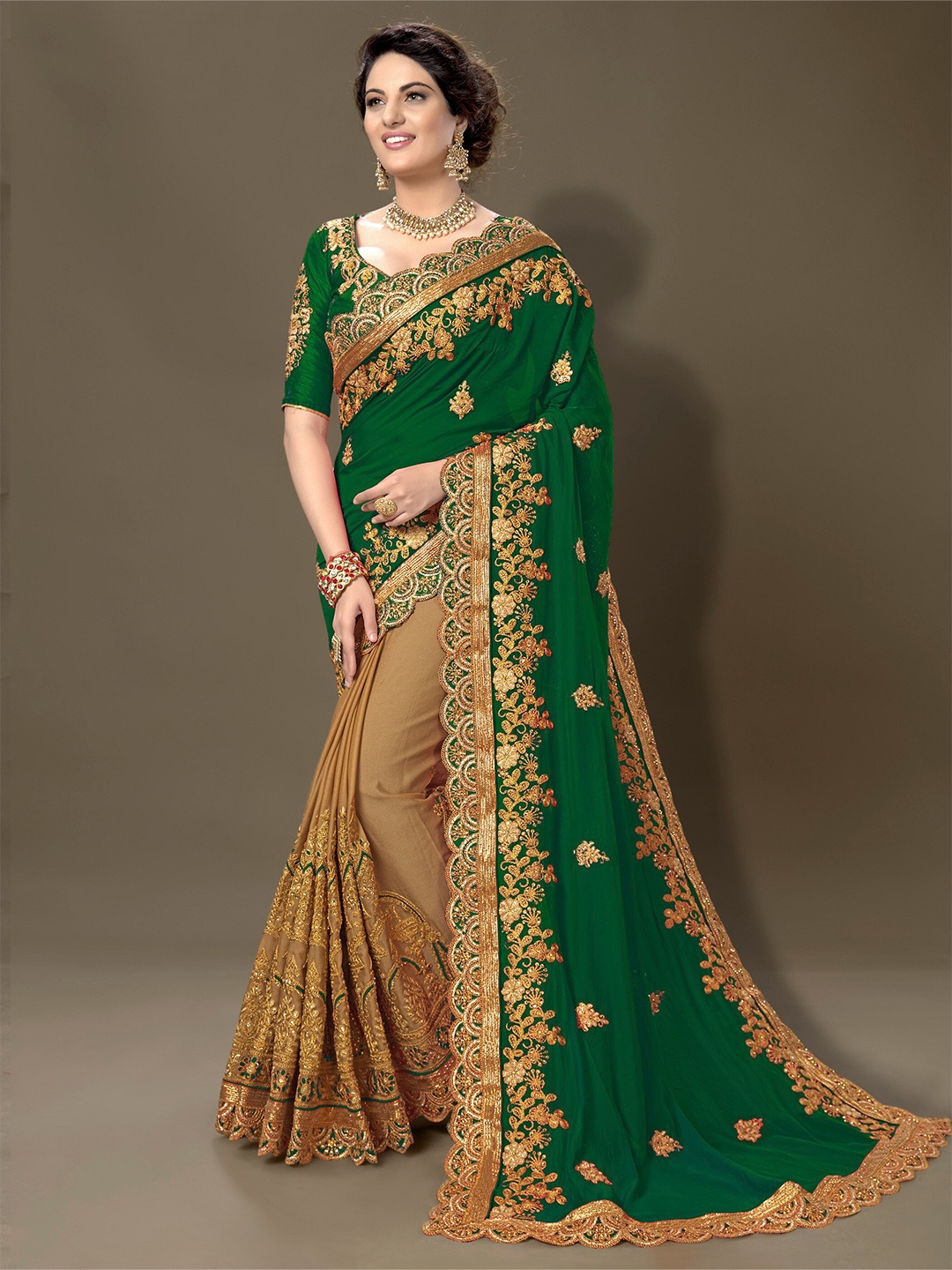 

Trendmalls Floral embroidered Beads and Stones Saree, Green