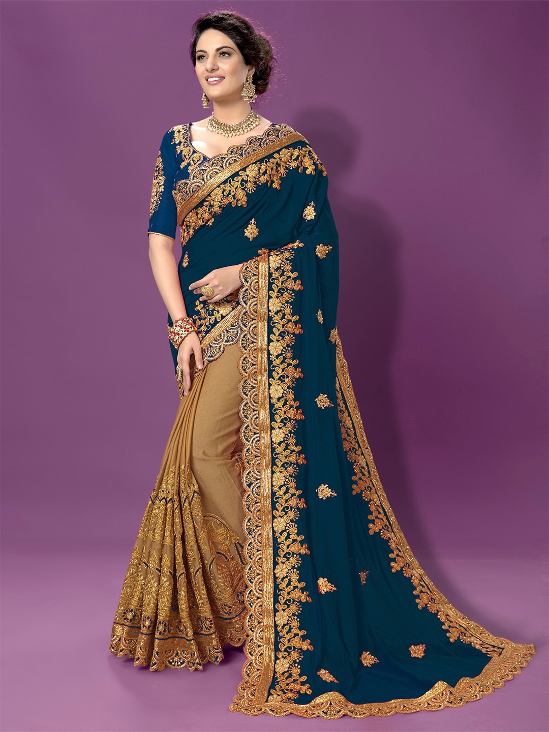 

Trendmalls Floral Embroidered Beads and Stones Saree, Teal