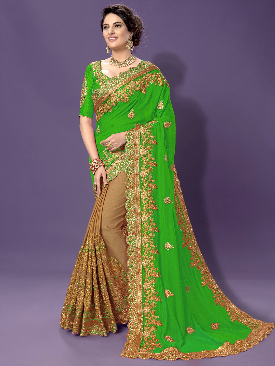 

Trendmalls Floral Beads and Stones Embroidered Saree, Green