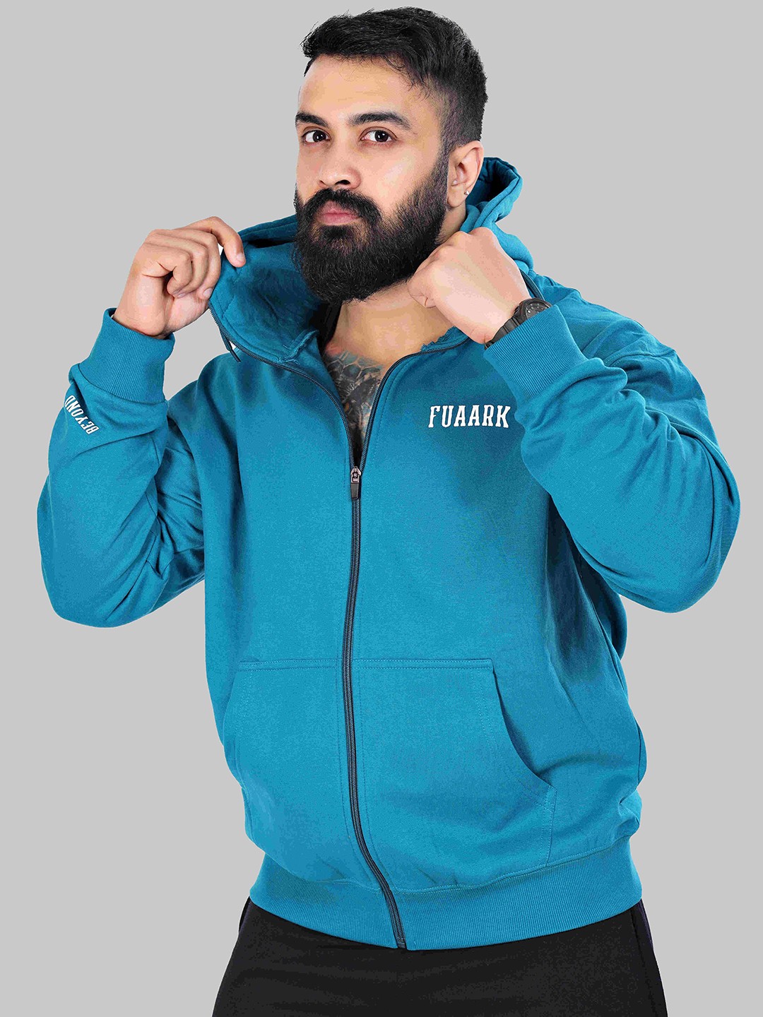 

FUAARK Typography Printed Hooded Oversized Anti Odour Bomber Jacket, Blue