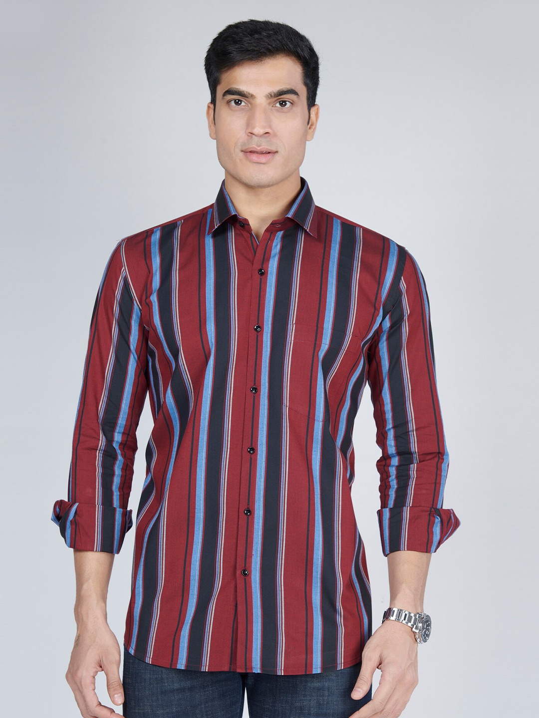 

MARK & ALBERT Slim Fit Vertical Striped Casual Pure Cotton Shirt, Red