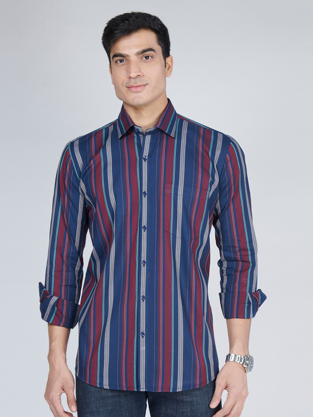 

MARK & ALBERT Men Slim Fit Striped Casual Cotton Shirt, Maroon