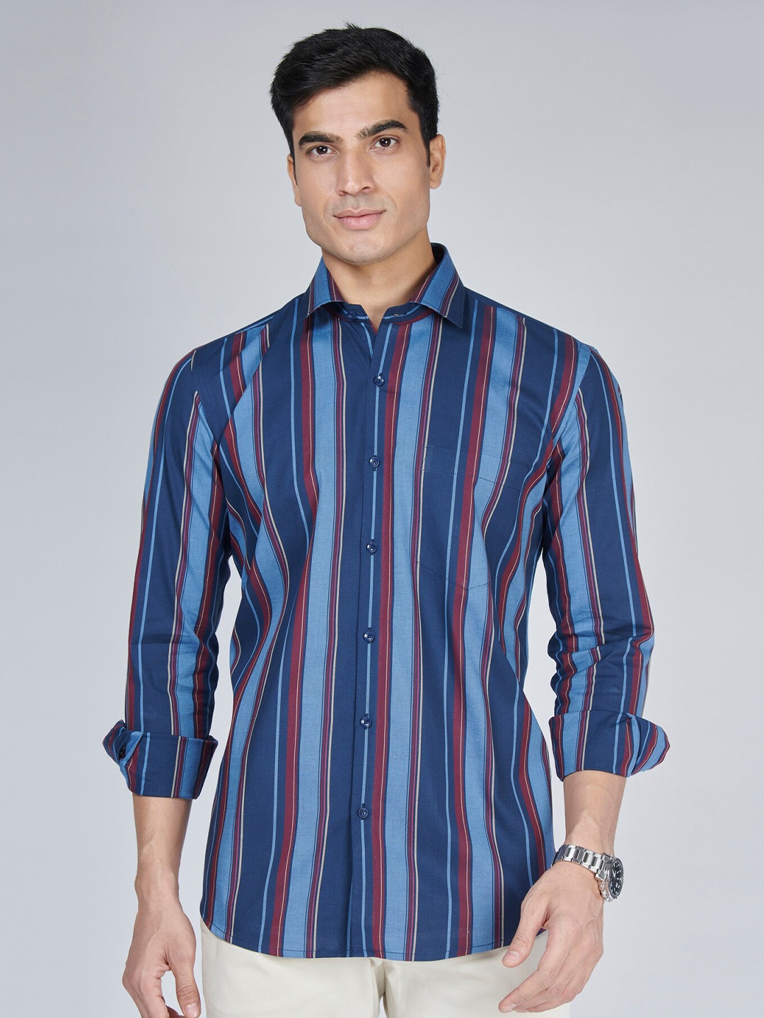 

MARK & ALBERT Slim Fit Striped Cotton Casual Shirt, Blue