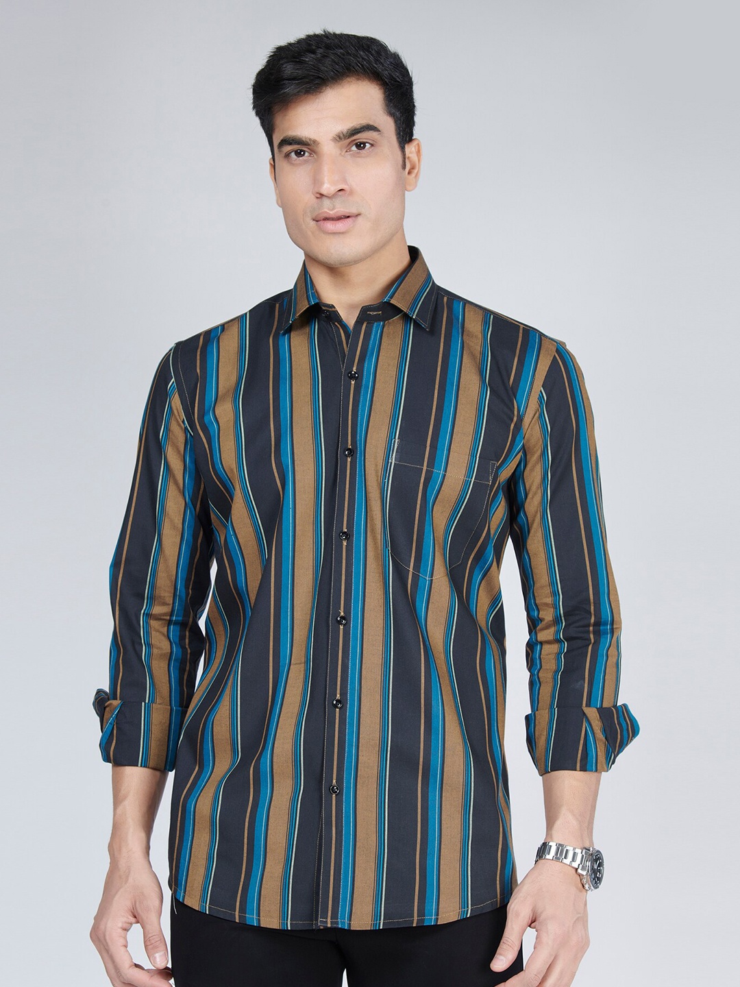 

MARK & ALBERT Slim Fit Multi Stripes Striped Cotton Casual Shirt, Gold