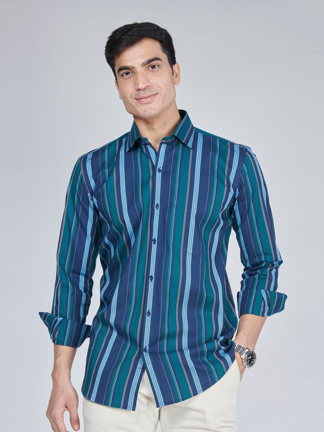 

MARK & ALBERT Slim Fit Vertical Striped Cotton Casual Shirt, Green