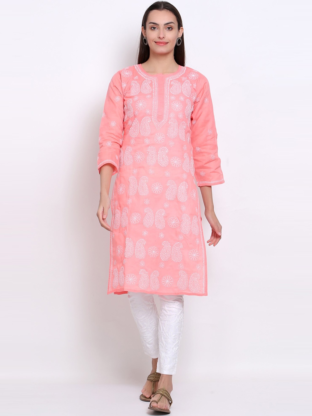 

PARAMOUNT CHIKAN Ethnic Motif Embroidered Chikankari Kurta, Coral