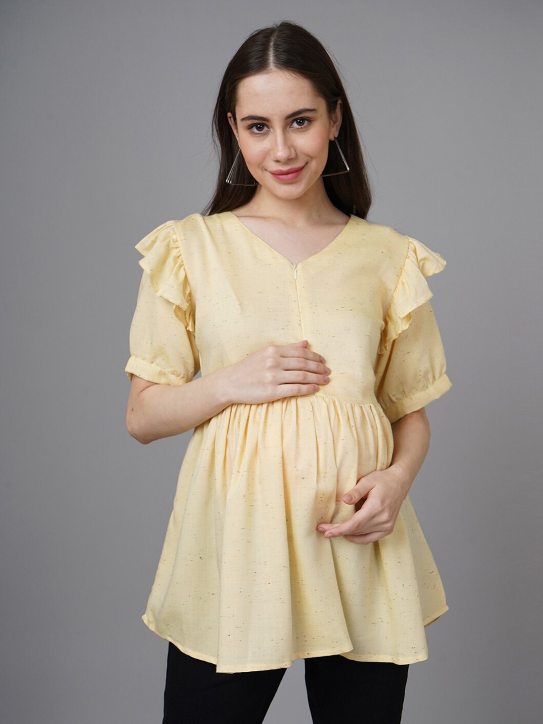 

The Mom Store Self Design Puff Sleeves Maternity Empire Top, Yellow