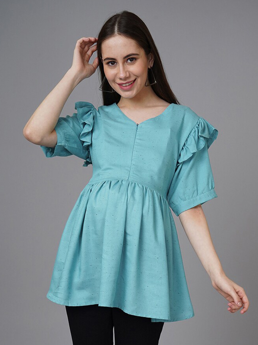 

The Mom Store V-Neck Ruffled Cotton Maternity & Nursing Top, Teal