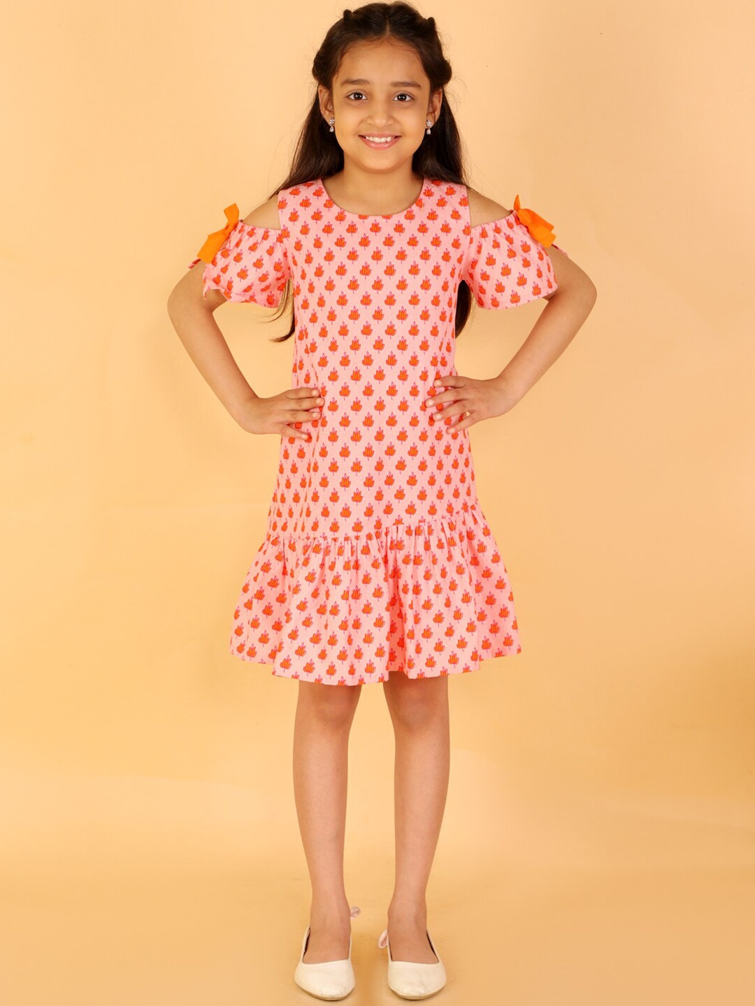 

LIL DRAMA Girls Floral Printed Tie-Up Detail Cold-Shoulder Sleeves Drop-Waist Dress, Orange
