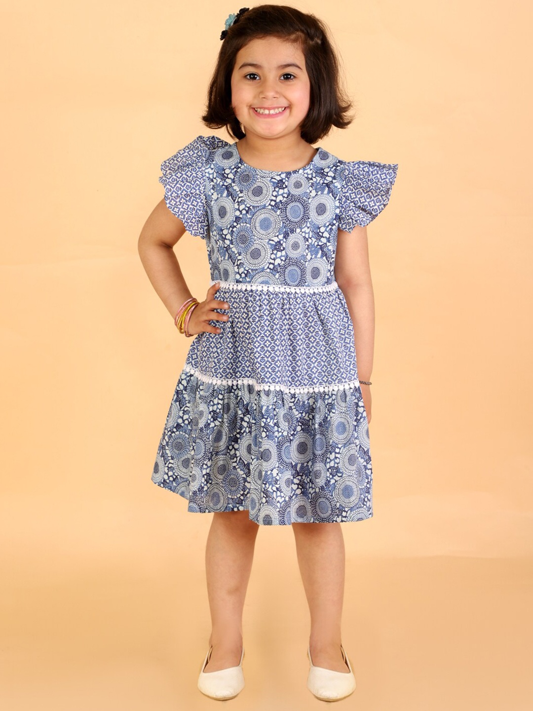 

LIL DRAMA Girls Ethnic Motifs Printed Flutter Sleeves Cotton Dress, Blue
