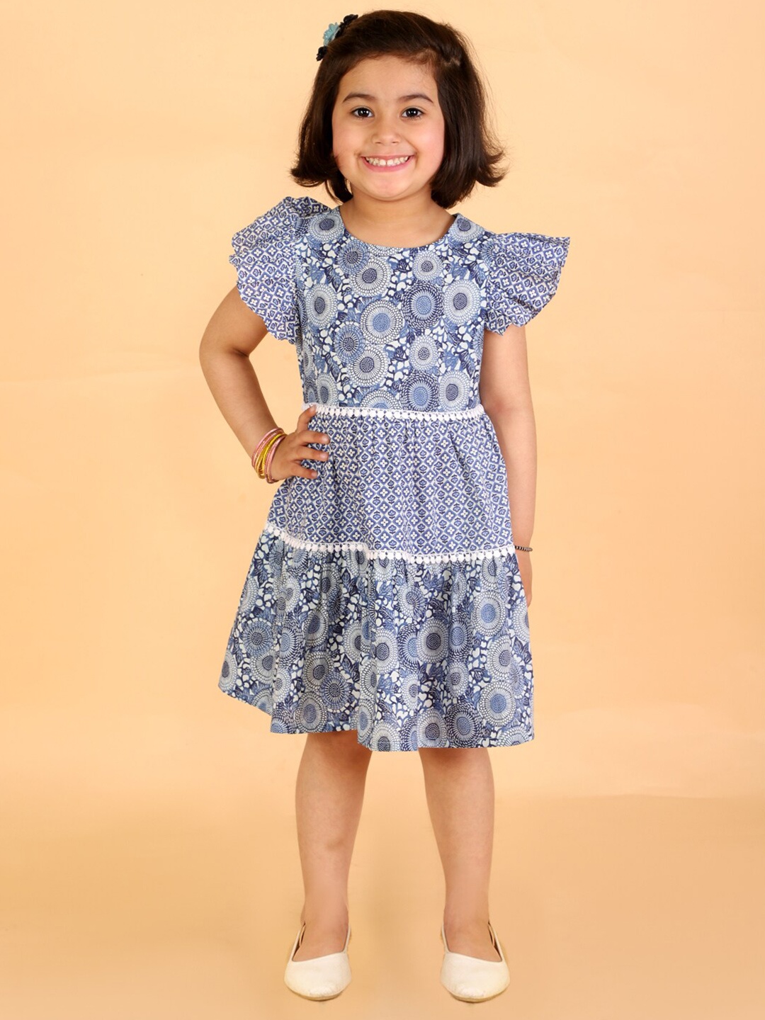 

LIL DRAMA Girls Flutter Sleeve Floral Cotton Dress, Blue