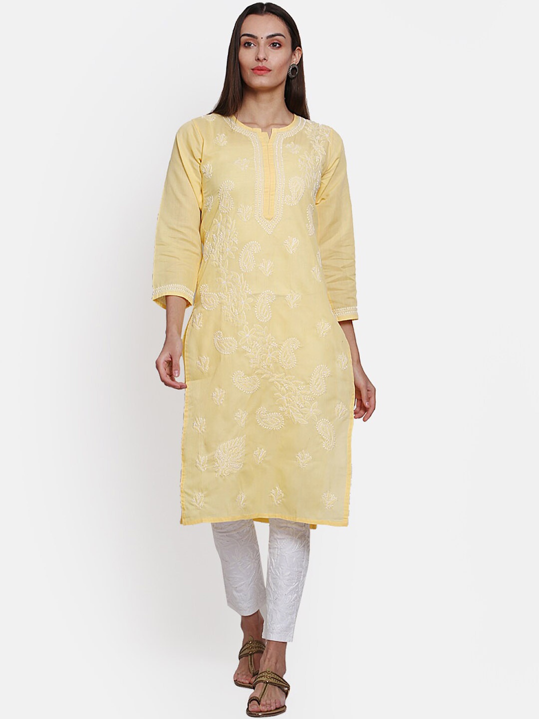 

PARAMOUNT CHIKAN Paisley Chikankari Embroidered Cotton Kurta, Yellow