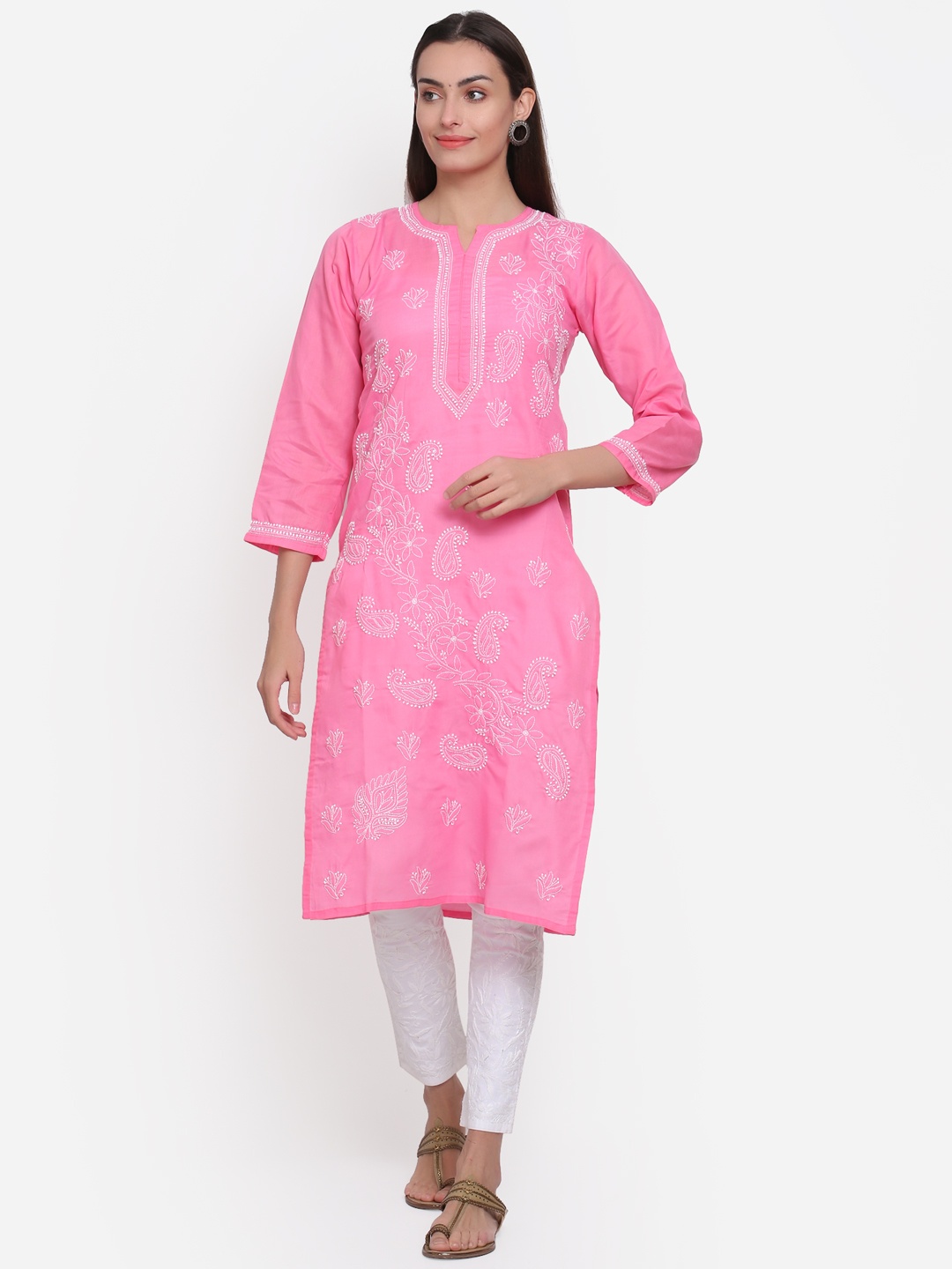 

PARAMOUNT CHIKAN Ethnic Motifs Chikankari Embroidered Cotton Kurta, Pink