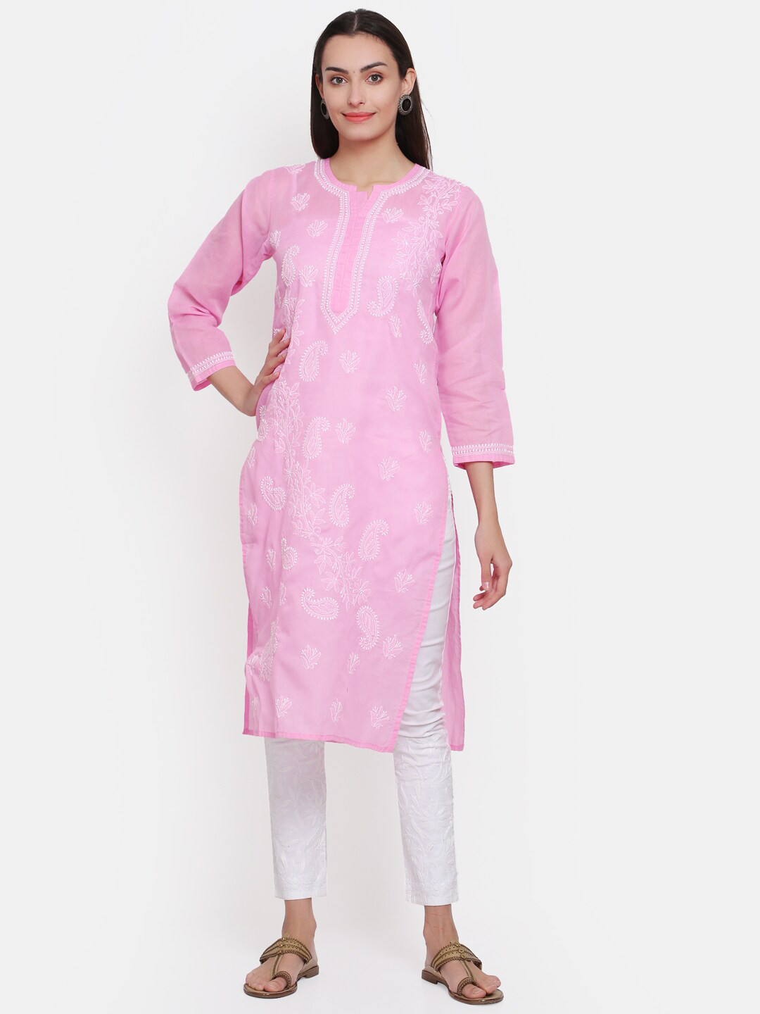 

PARAMOUNT CHIKAN Ethnic Motifs Chikankari Embroidered Cotton Kurta With Matching Slip, Pink