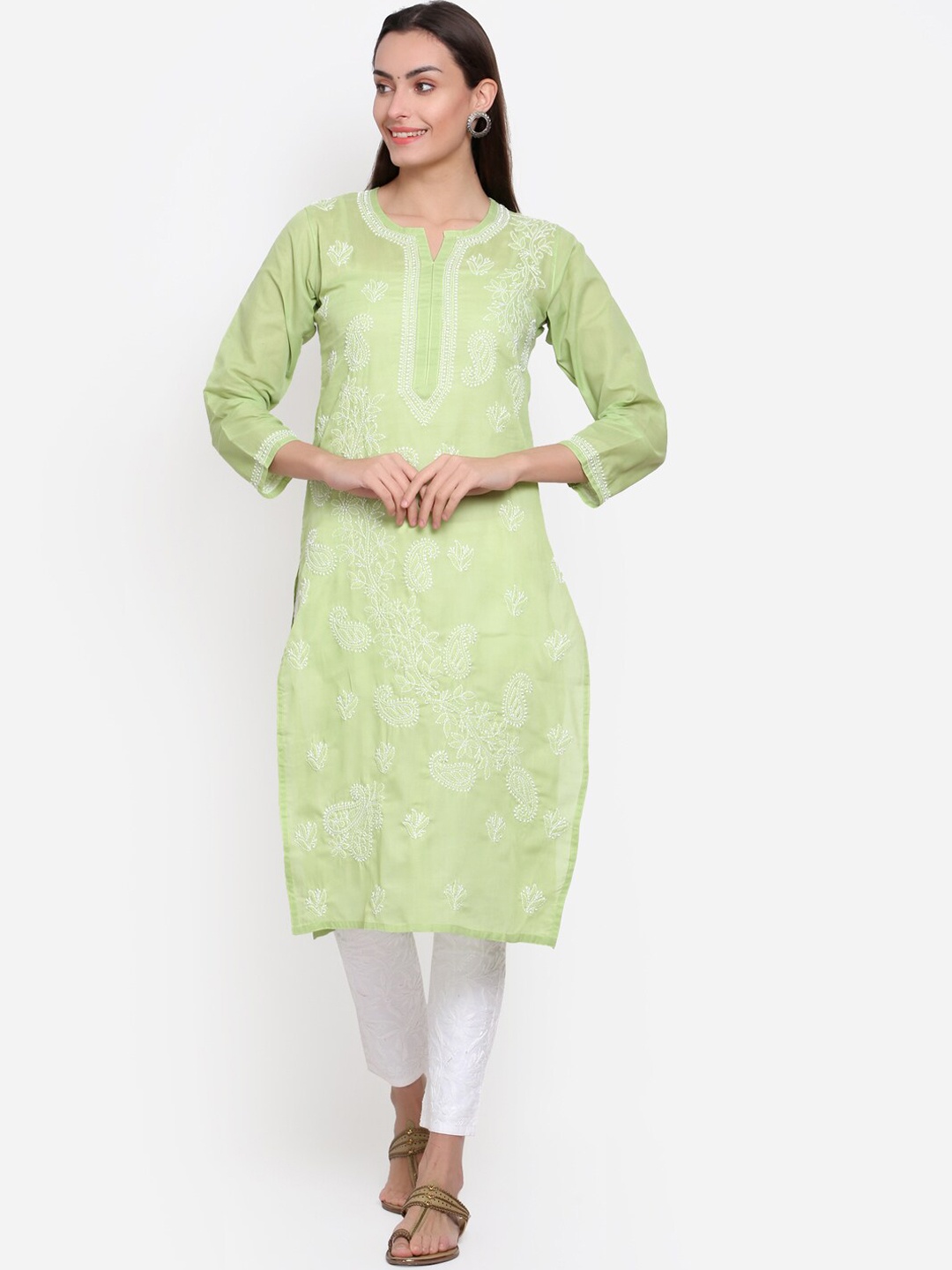 

PARAMOUNT CHIKAN Paisley Embroidered Chikankari Cotton Straight Kurta, Green
