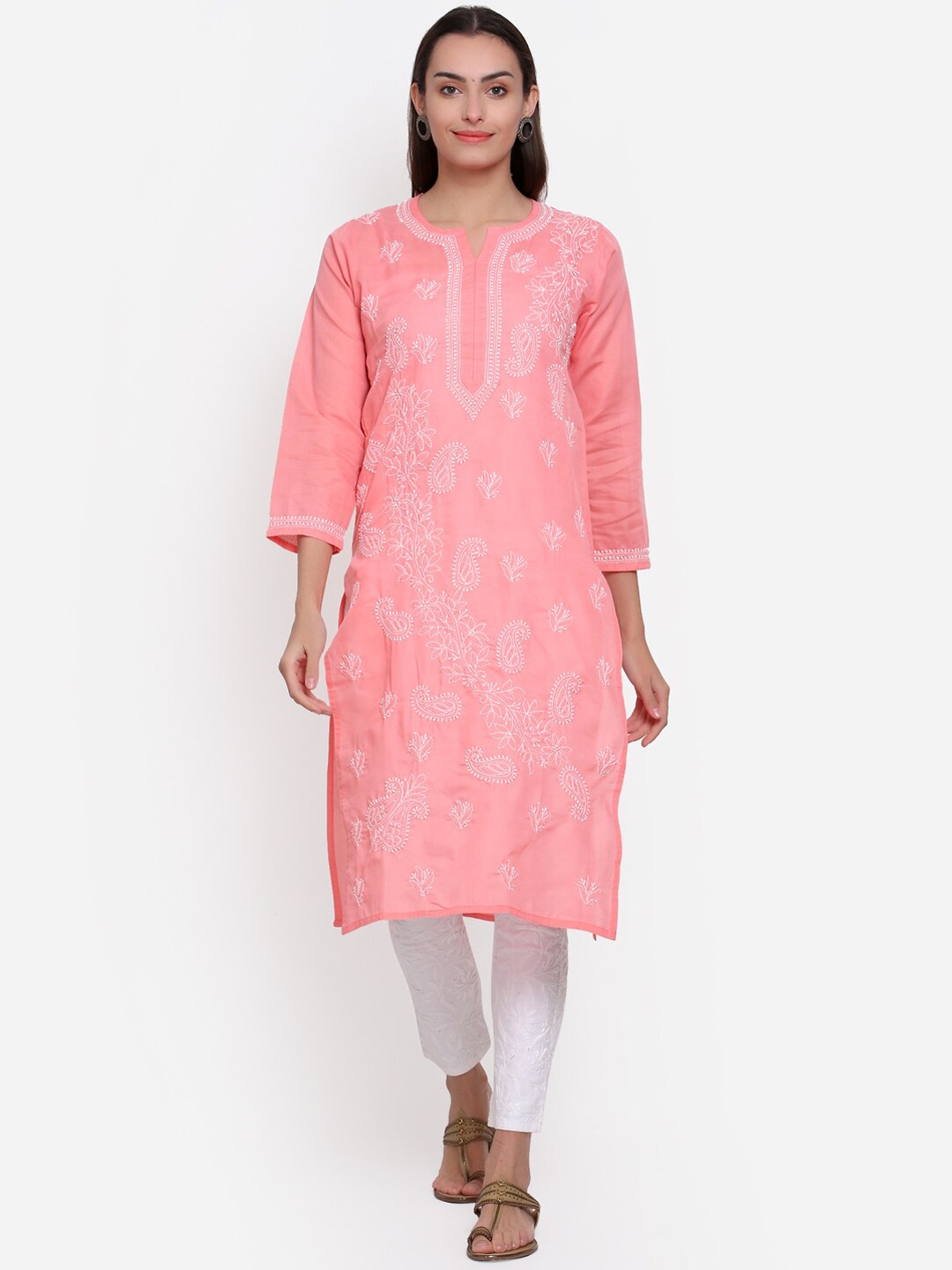 PARAMOUNT CHIKAN Ethnic Motifs Chikankari Embroidered Cotton Kurta With Matching Slip, Coral