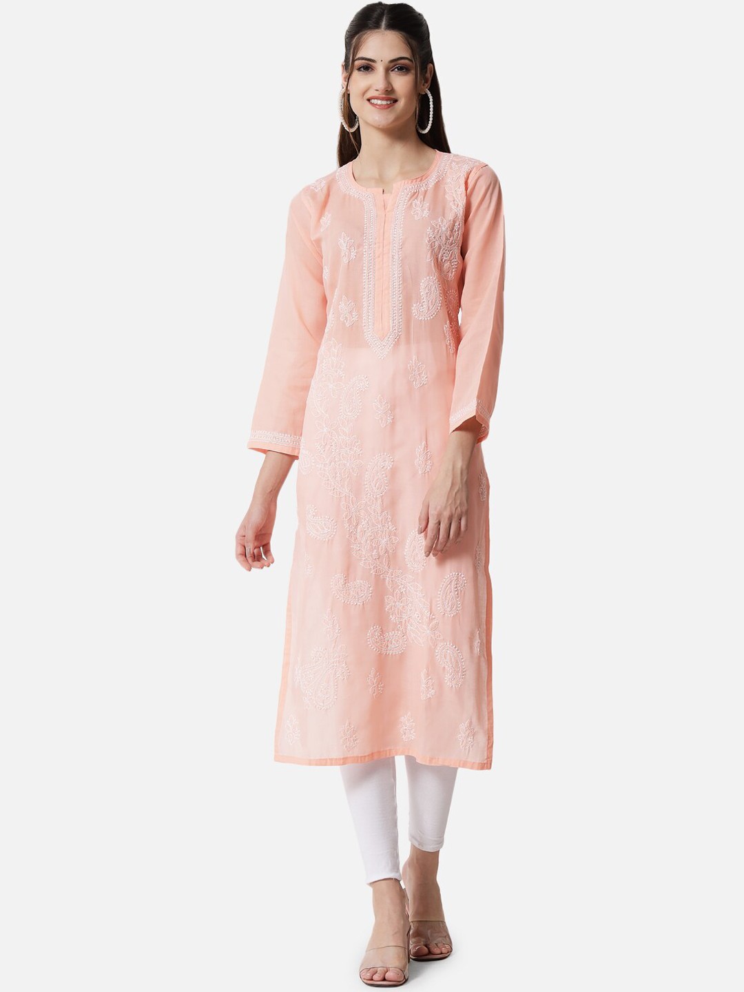 

PARAMOUNT CHIKAN Paisly Embroidered Chikankari Cotton Kurta, Peach
