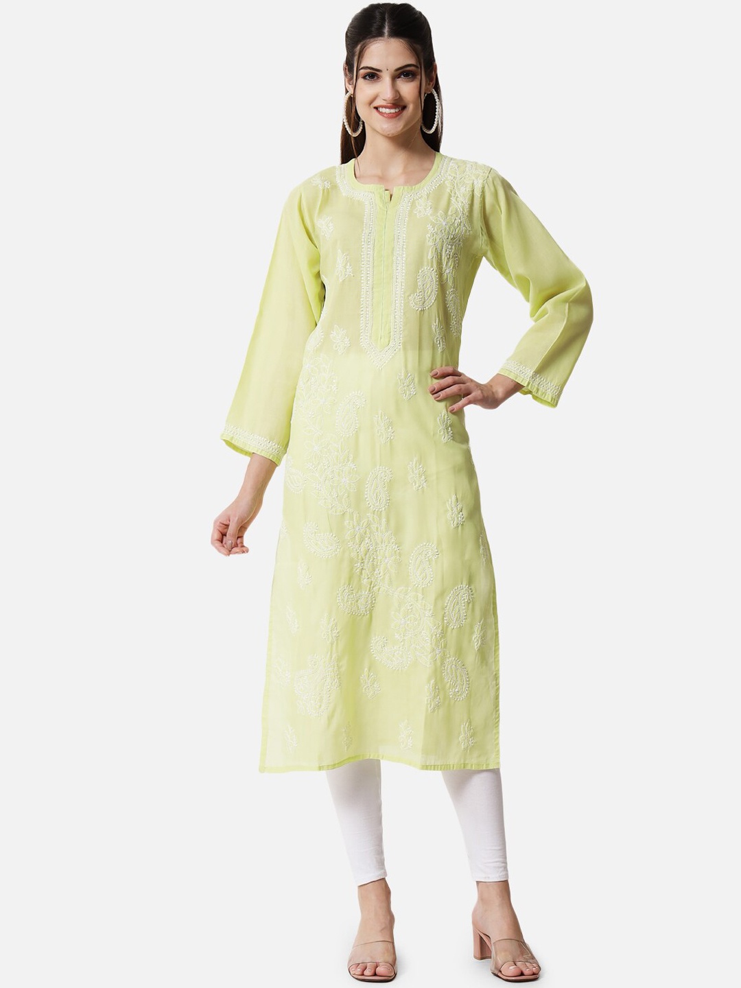 

PARAMOUNT CHIKAN Ethnic Motif Embroidered Chikankari Cotton Kurta, Lime green