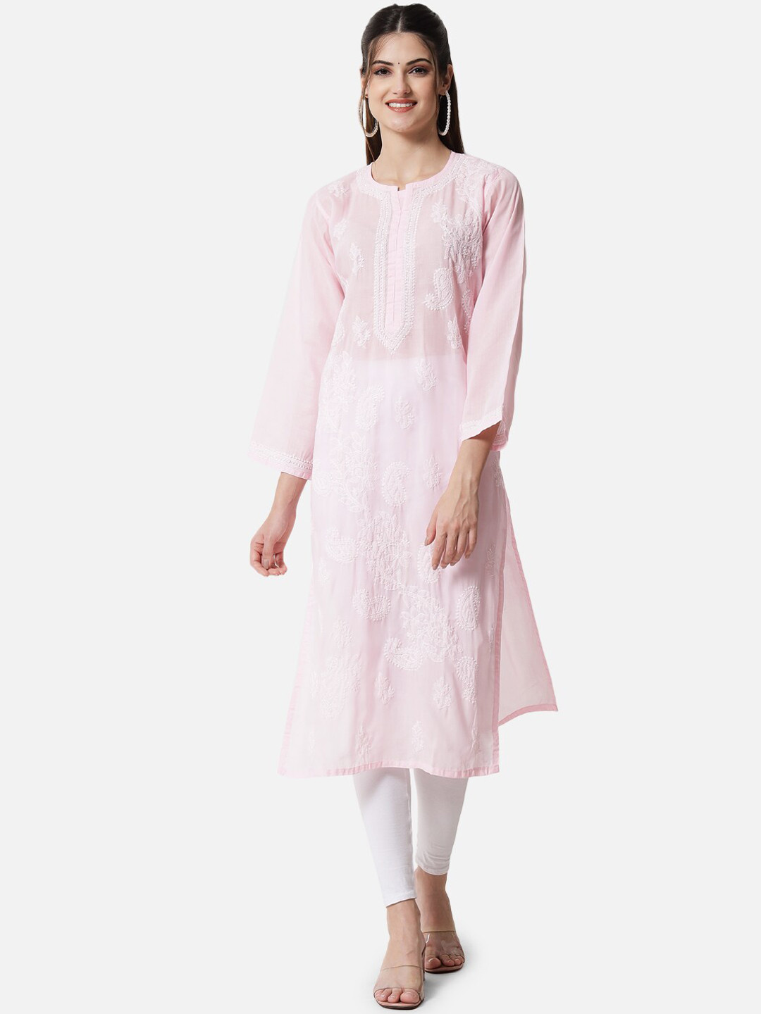 

PARAMOUNT CHIKAN Ethnic Motifs Embroidered Chikankari Cotton Kurta, Pink