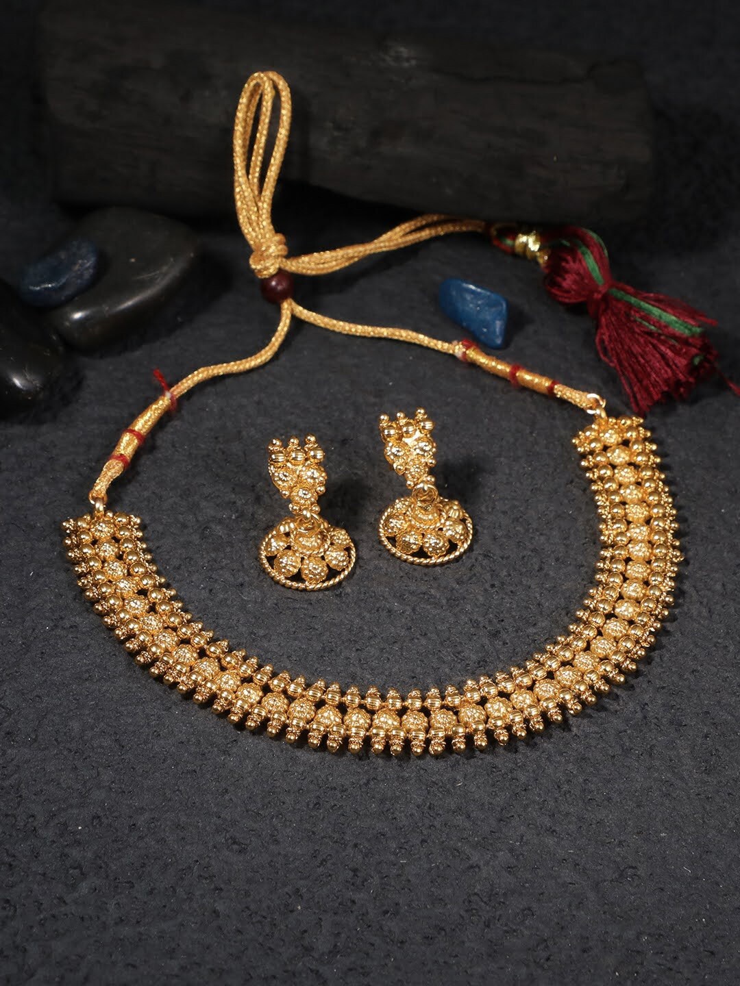 

Adwitiya Collection Gold-Plated Beads-Studded Antique Jewellery Set