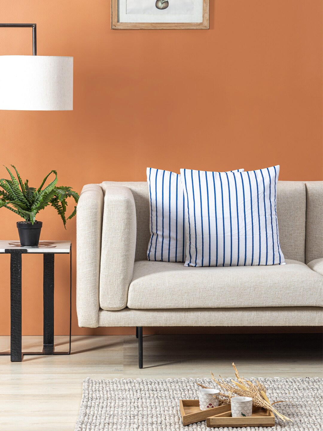 

Contrast Living 2 Pieces White & Blue Striped Cotton Square Cushion Covers