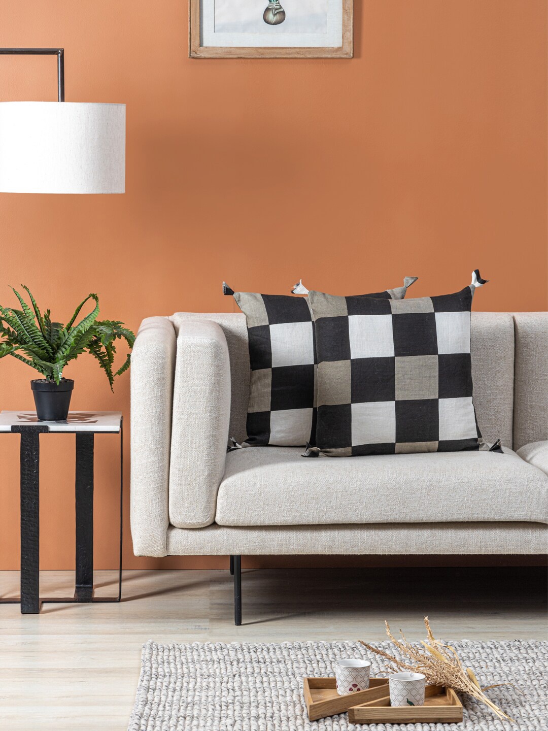 

Contrast Living Black & Cream-Coloured 2 Pieces Checked Cotton Square Cushion Covers
