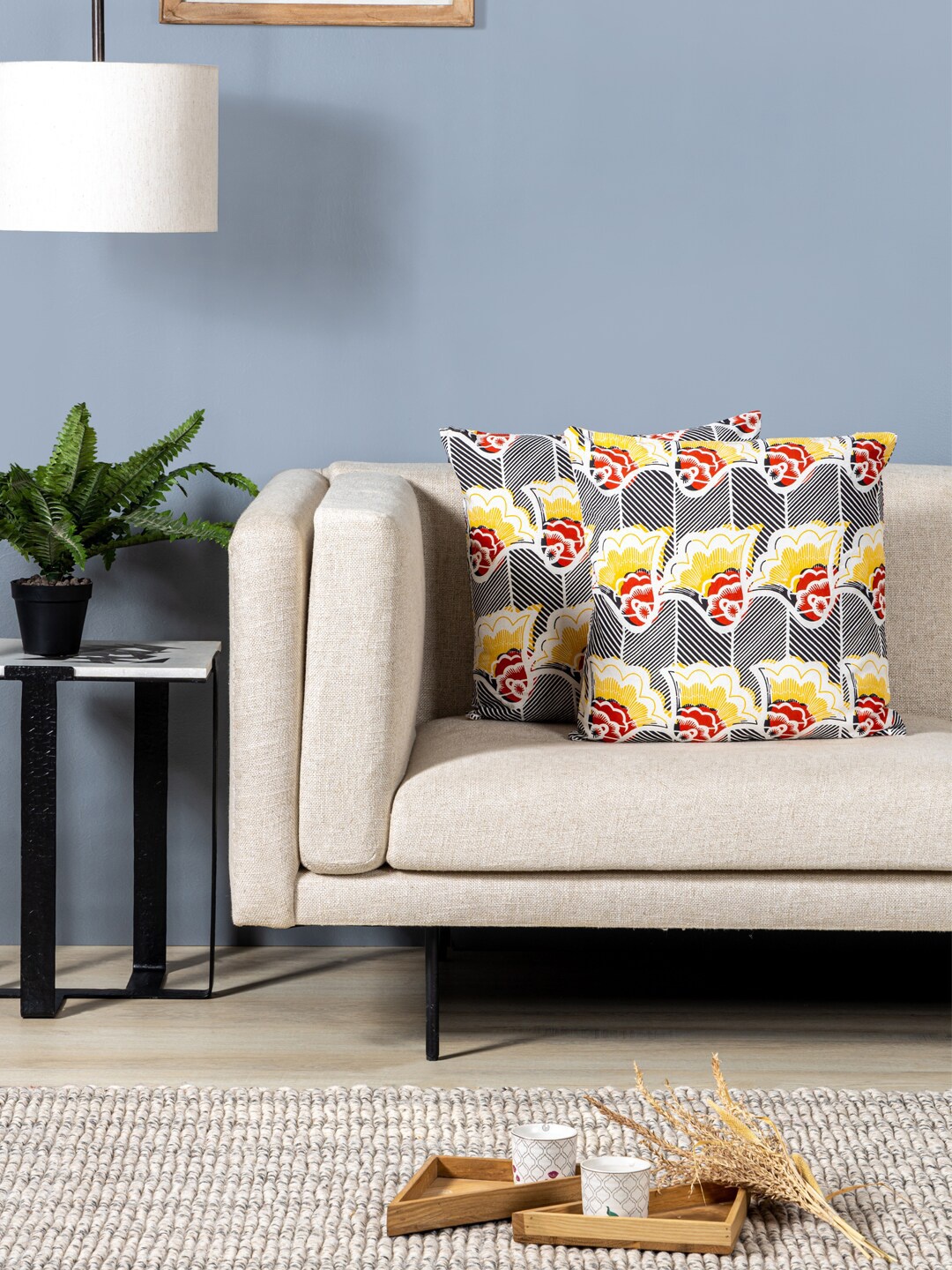 

Contrast Living 2 Pieces Grey & Yellow Floral Cotton Square Cushion Covers