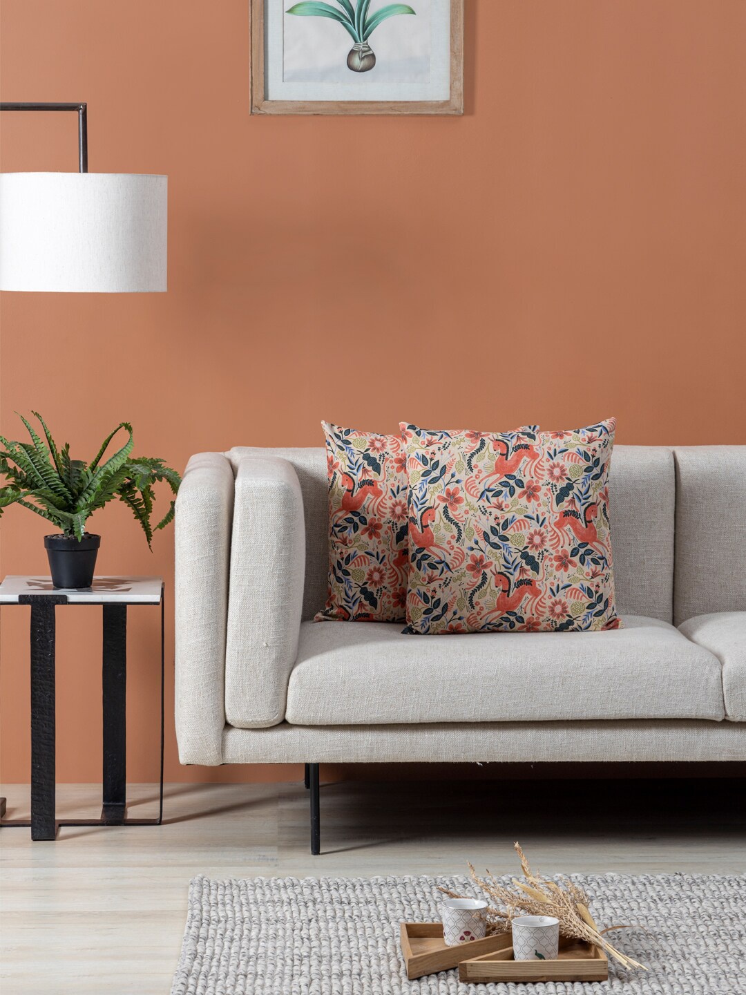 

Contrast Living 2 Pieces Beige & Rust Floral Cotton Square Cushion Covers