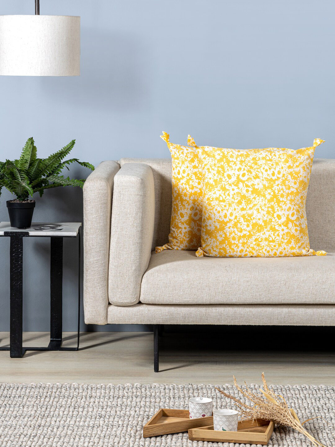 

Contrast Living Yellow & White 2 Pieces Floral Cotton Square Cushion Covers