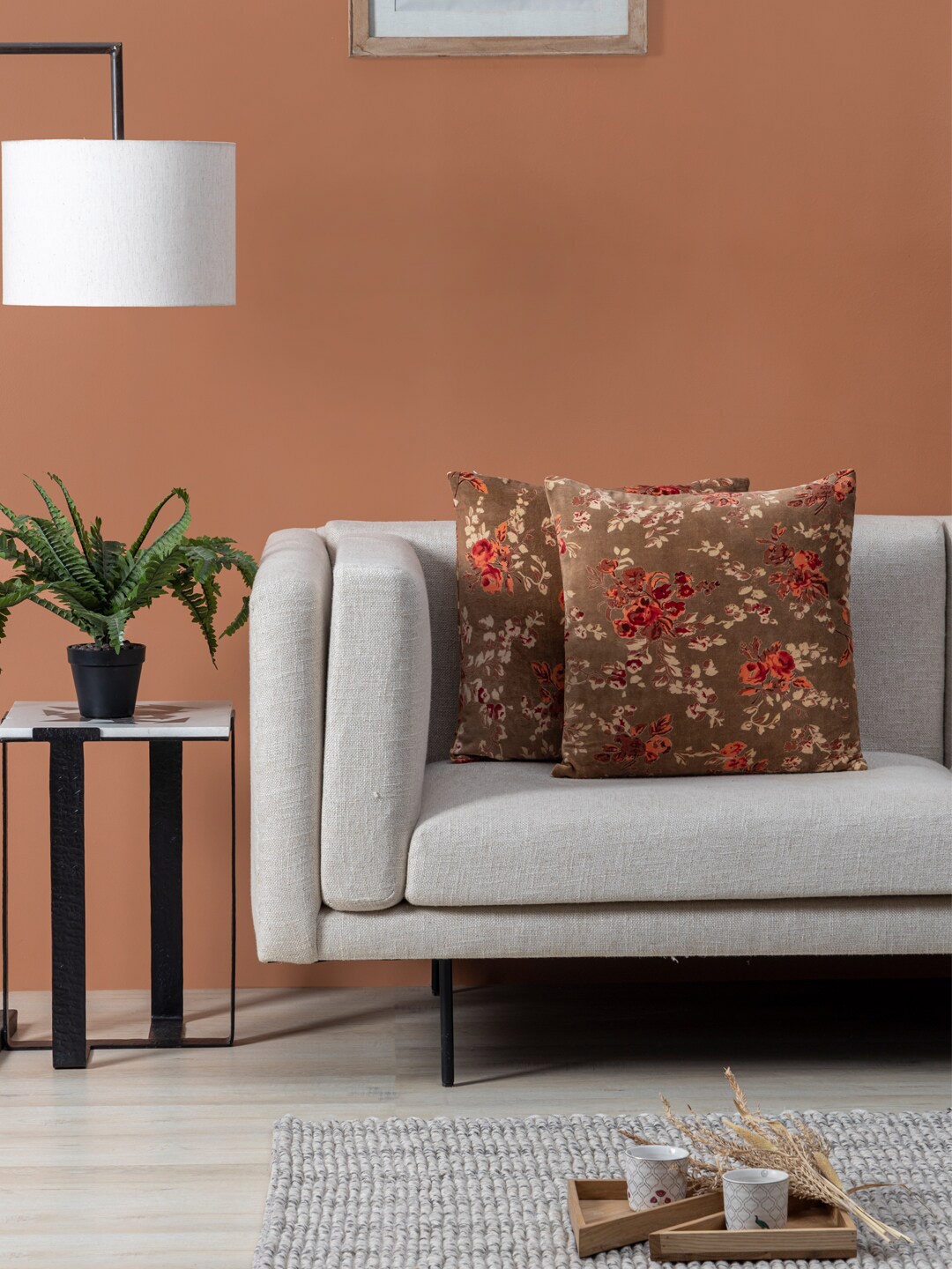 

Contrast Living Brown & Orange 2 Pcs Floral Print Velvet Square Cushion Covers
