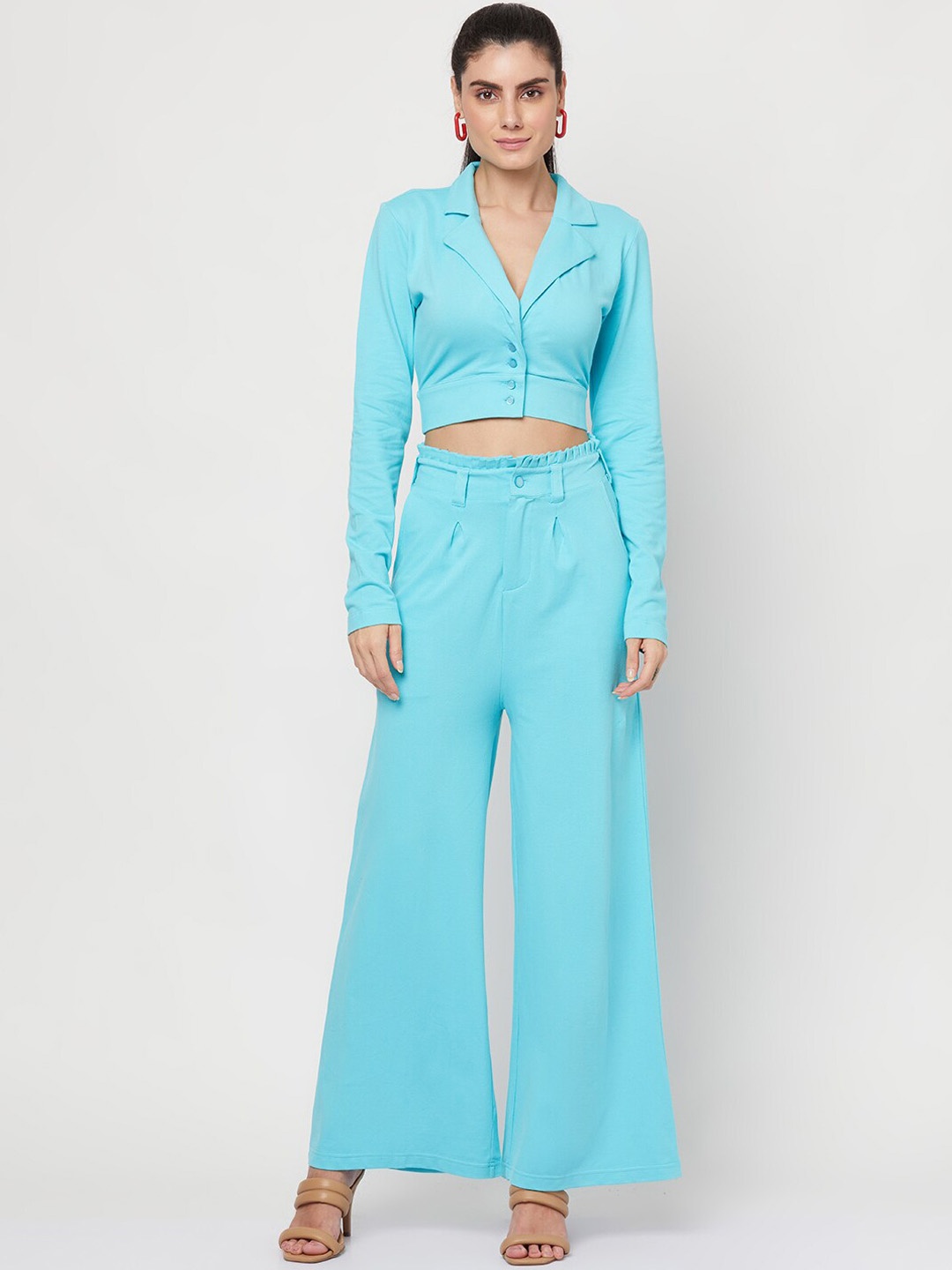 

YOONOY Women Lapel Collar Coat and Palazzo, Blue