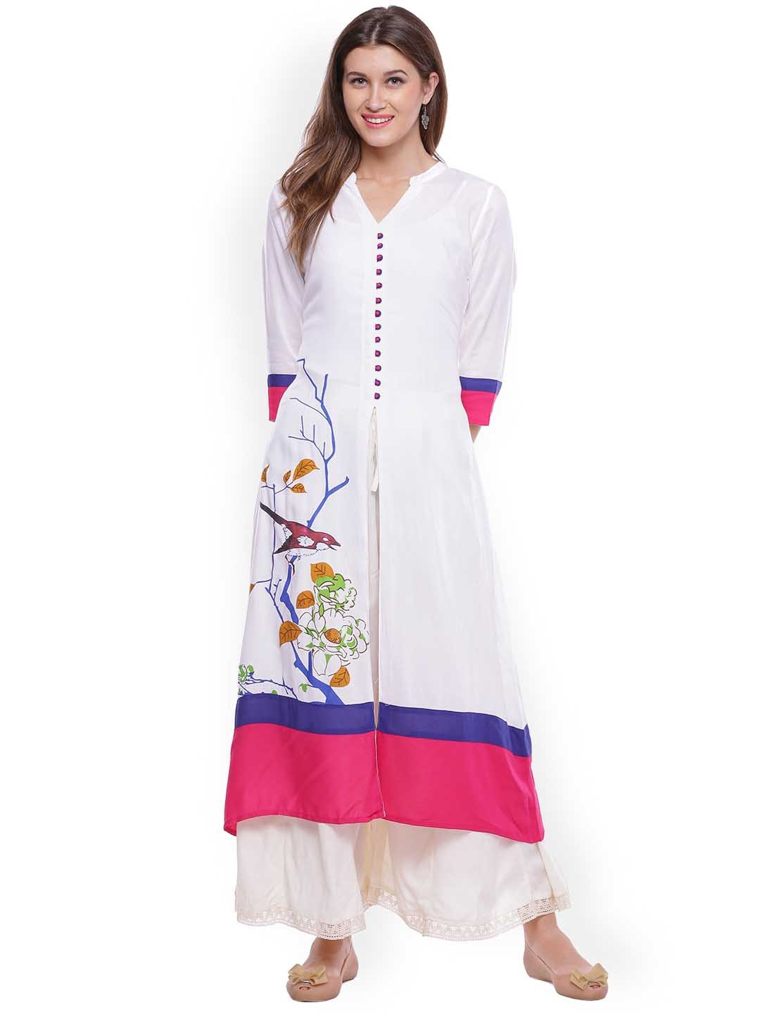

Geroo Jaipur White Printed A-Line Rayon Kurta