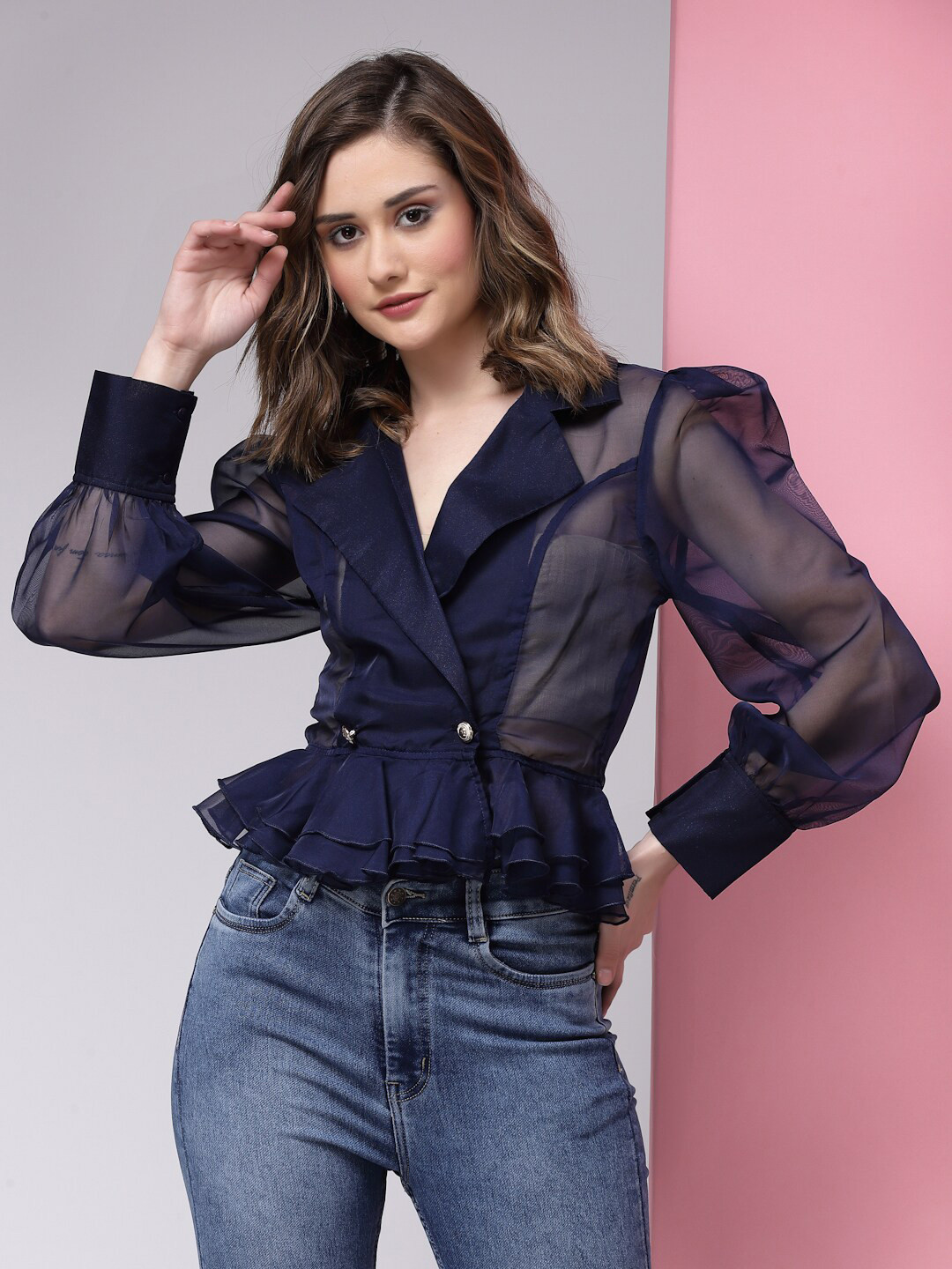 

KASSUALLY Whimsical Ruffles Wrap Peplum Top, Navy blue