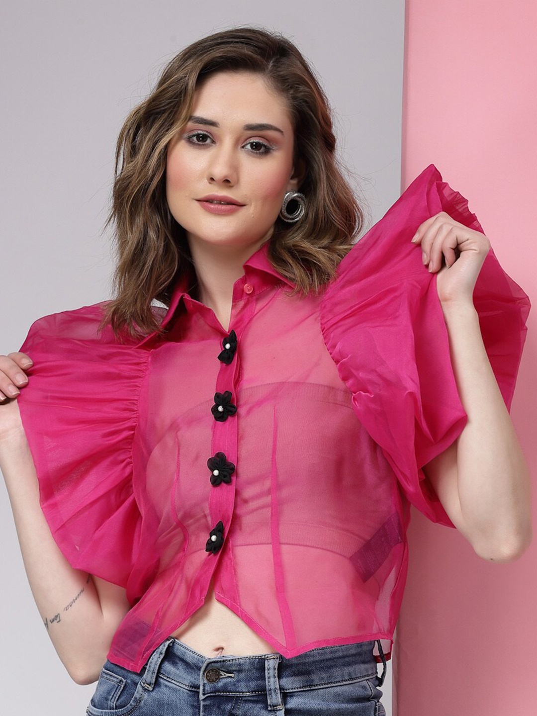 

KASSUALLY Puff Sleeves Casual Ruffles Shirt, Pink