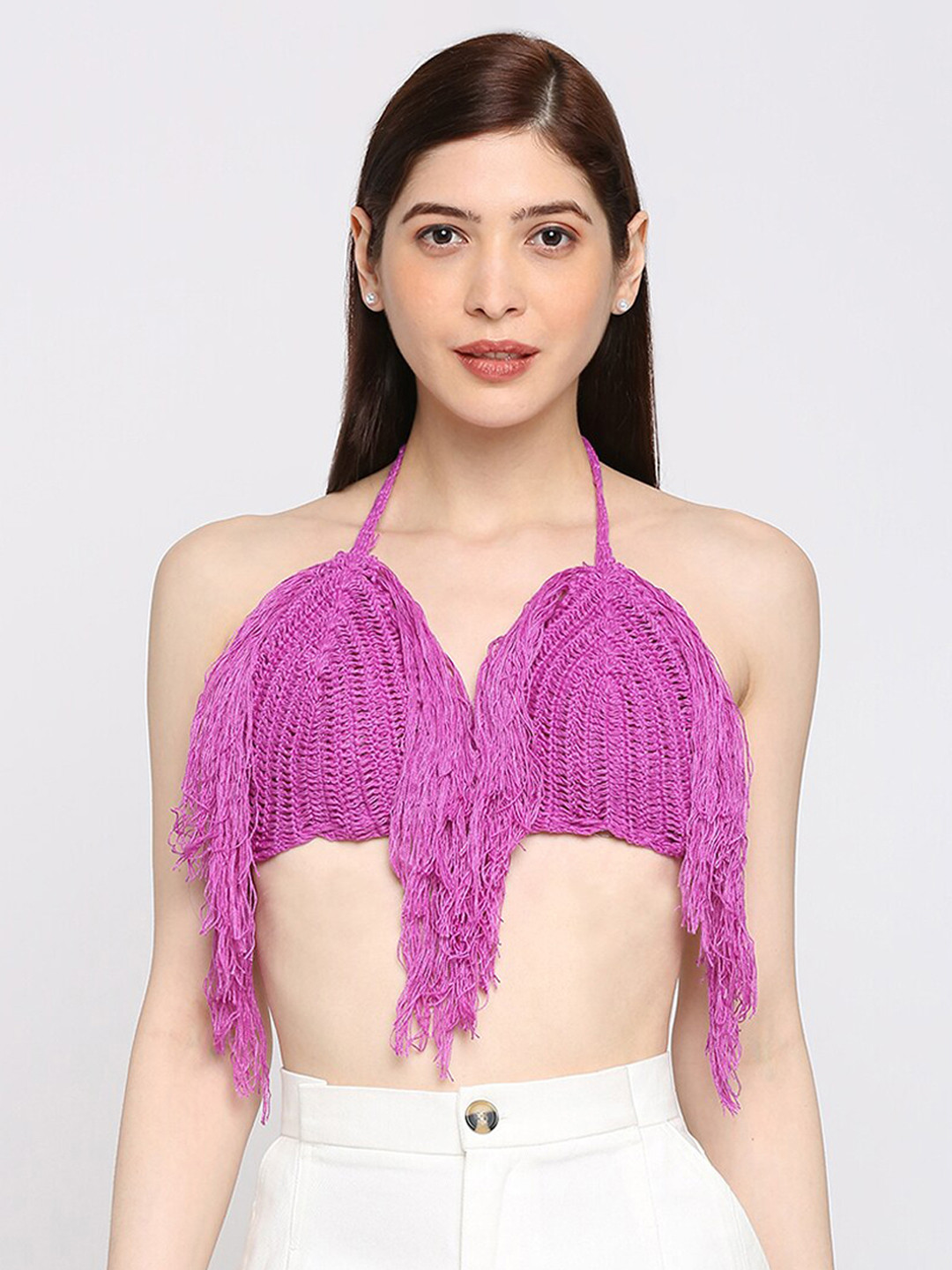 

Smarty Pants Knitted Design Fringed Acrylic Crochet Bikini Bra, Lavender