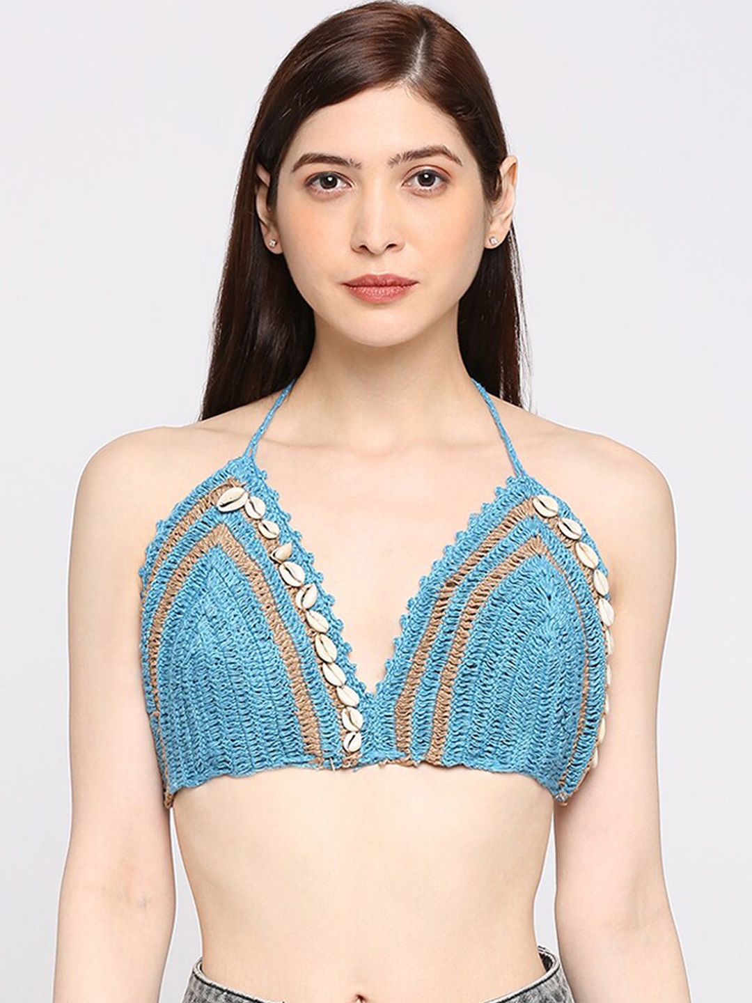 

Smarty Pants Shell Embellished & crochet Design Beach Bikini Bra, Blue