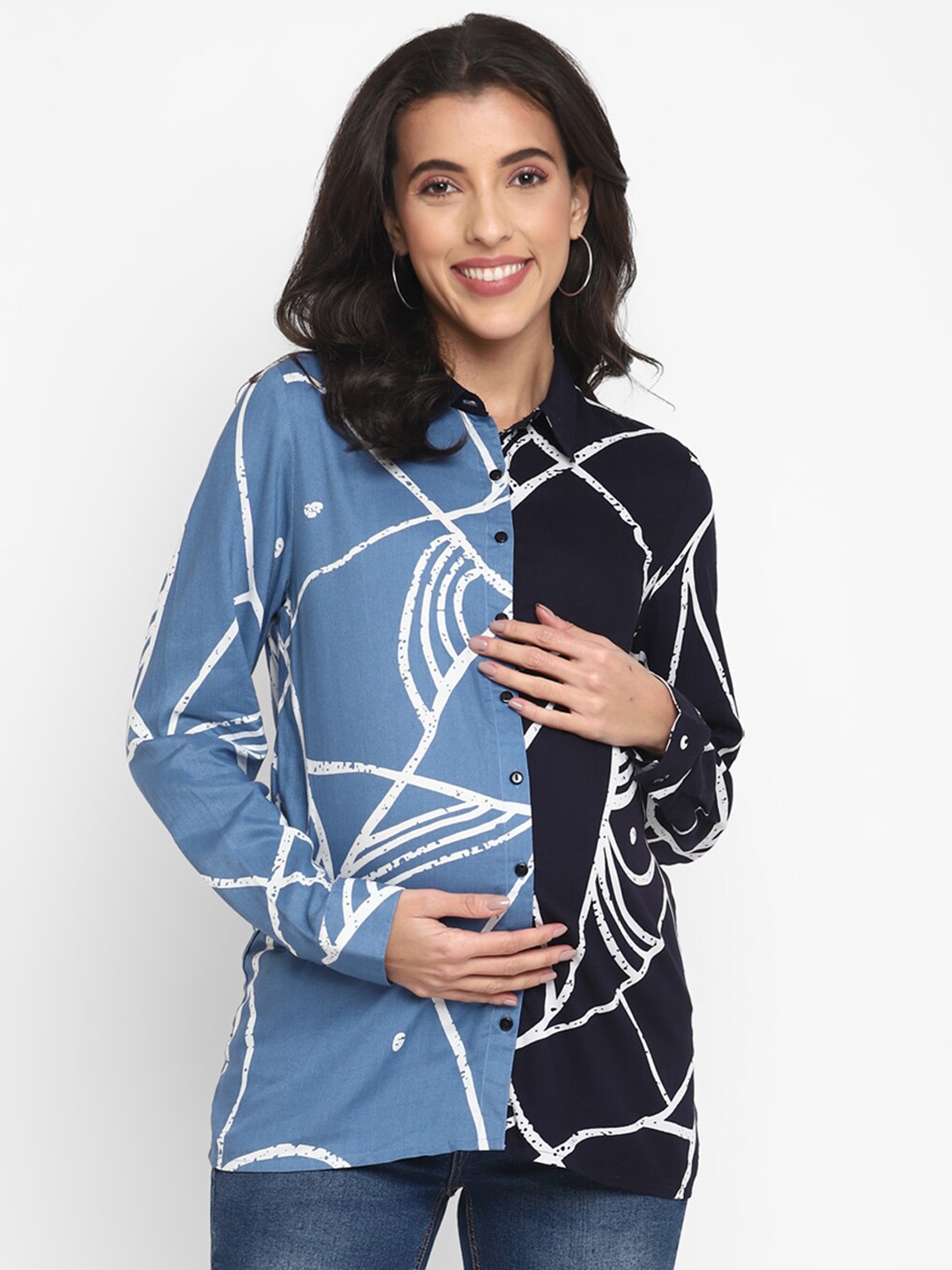 

Momsoon Maternity Abstract Printed Shirt Collar Cuffed Sleeves Shirt Style Top, Blue