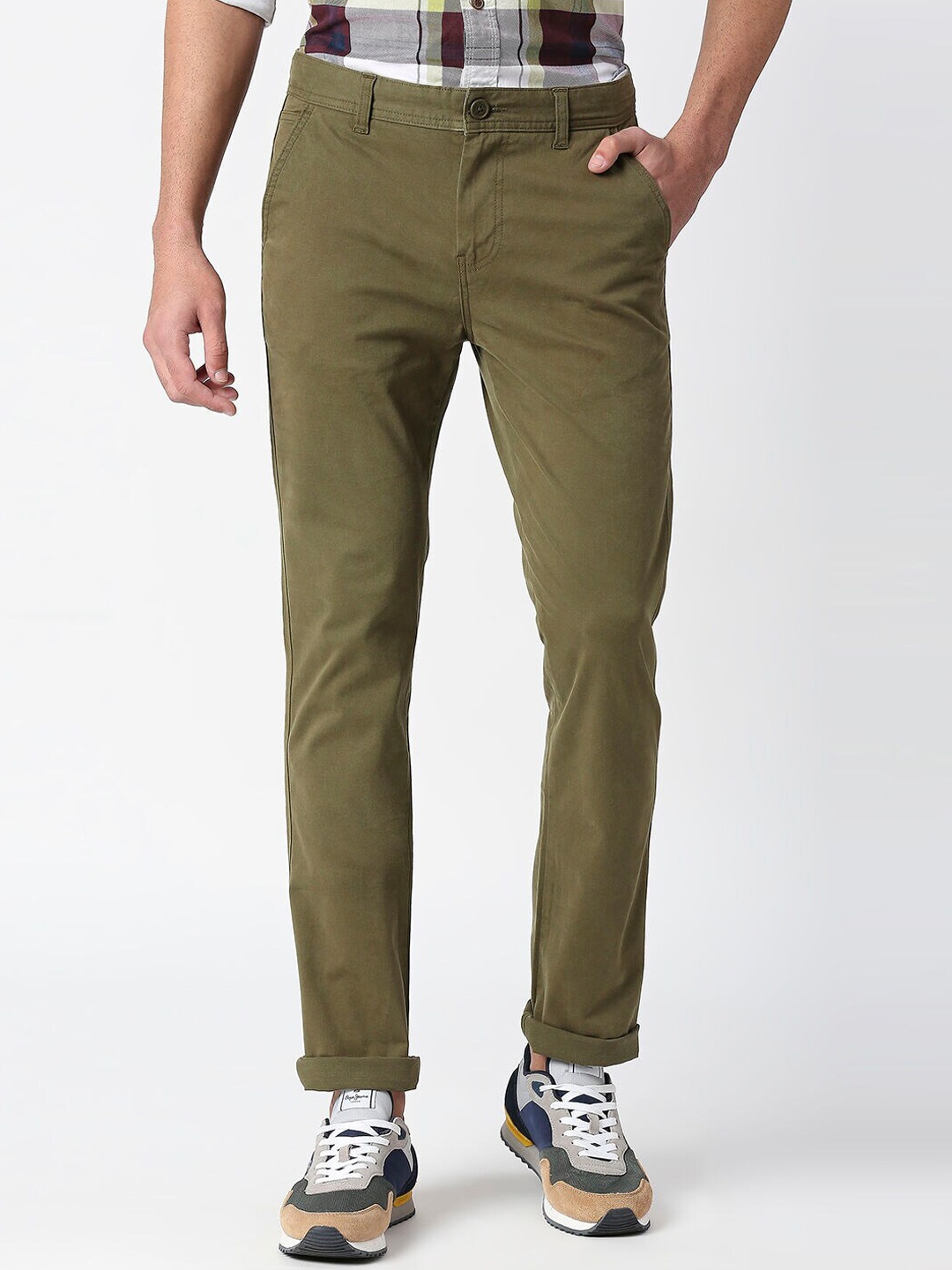 

Pepe Jeans Men Cotton Slim Fit Trousers, Green